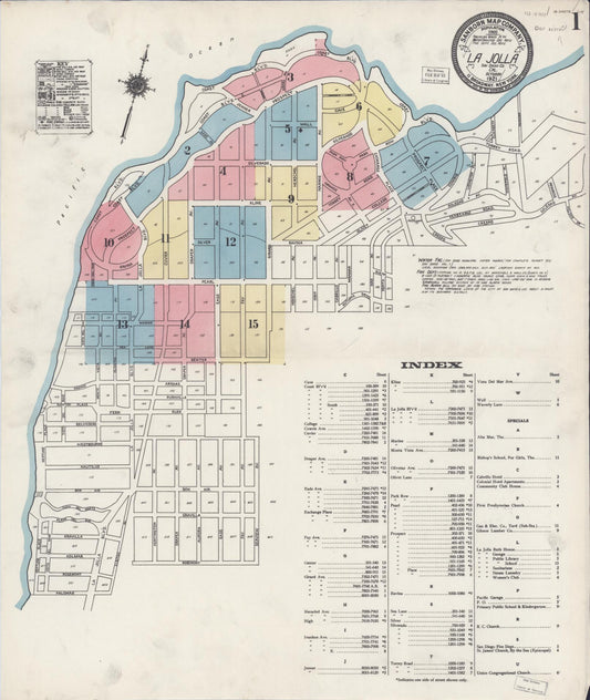Sanborn Fire Insurance Map from La Jolla, San Diego County, California (1921), Sheet #0001 - Historic Sanborn Fire Insurance Map Print, vintage old map wall art, antique decor, genealogy gift, California California map