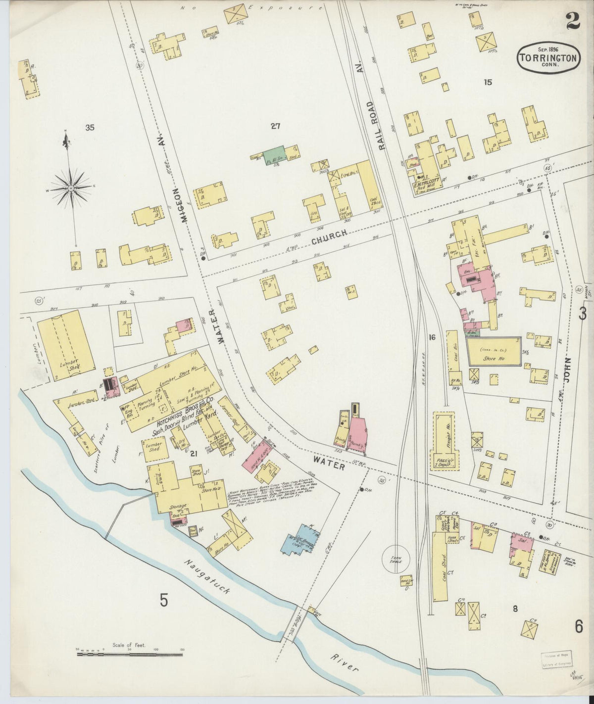 Sanborn Fire Insurance Map from Torrington, Litchfield County, Connecticut (1896), Sheet #0002 - Historic Sanborn Fire Insurance Map Print, vintage old map wall art, antique decor, genealogy gift, Connecticut Connecticut map
