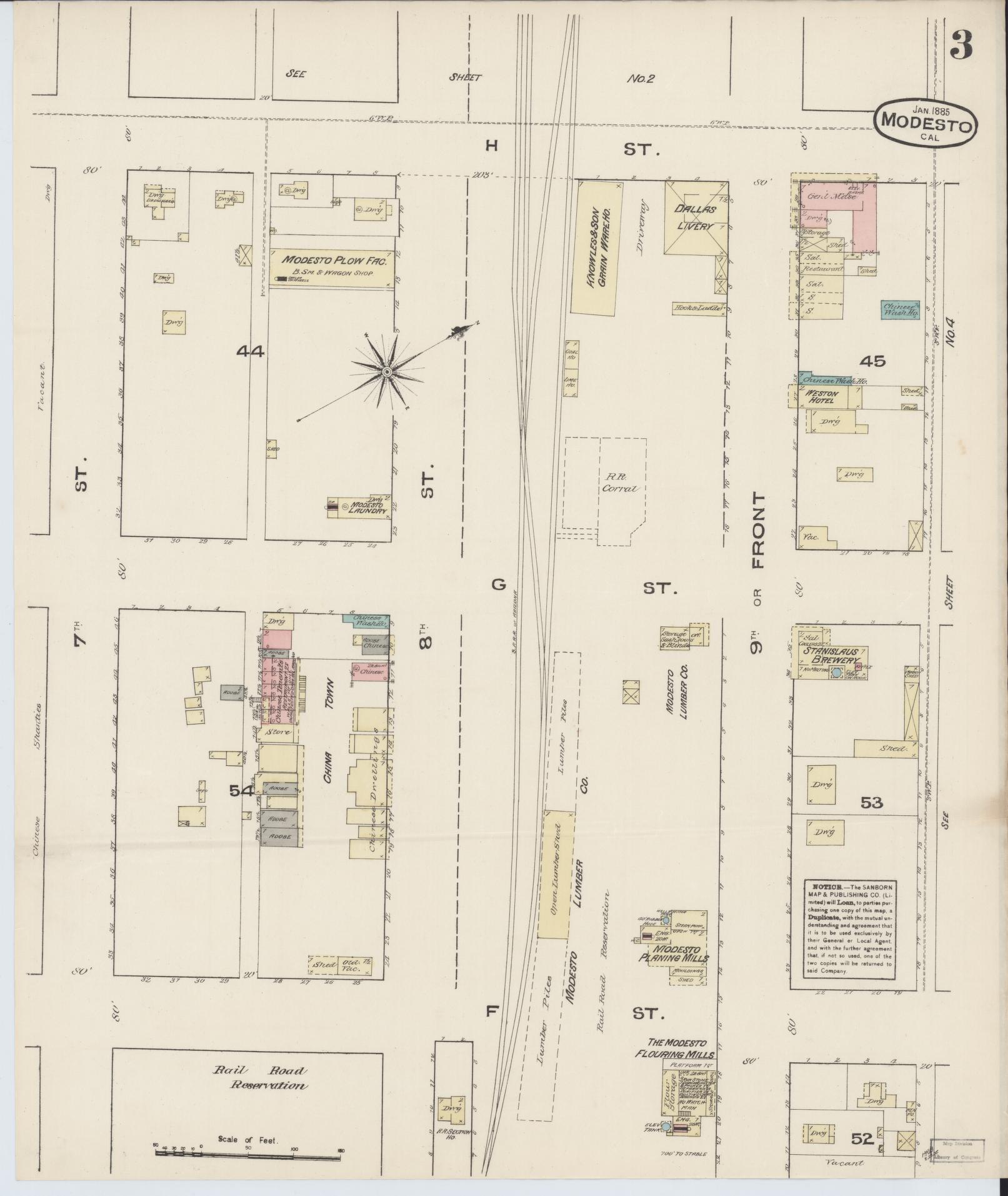 Sanborn Fire Insurance Map from Modesto, Stanislaus County, California (1885), Sheet #0003 - Historic Sanborn Fire Insurance Map Print, vintage old map wall art, antique decor, genealogy gift, California California map