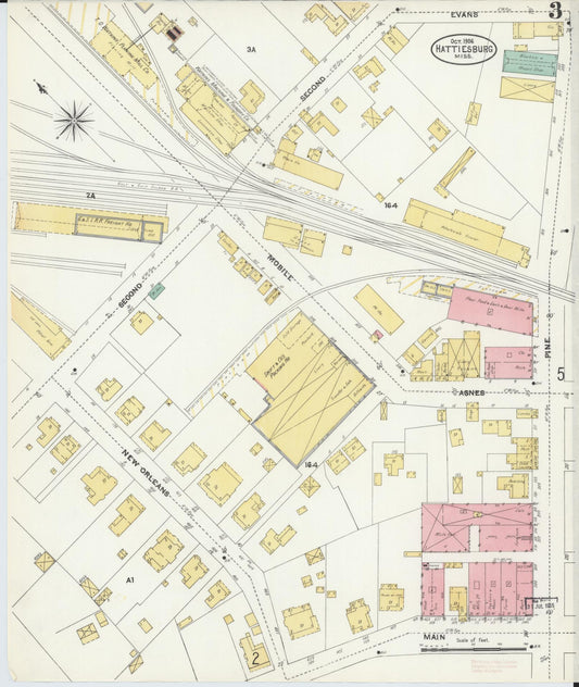 Sanborn Fire Insurance Map from Hattiesburg, Forrest County, Mississippi (1906), Sheet #0003 - Historic Sanborn Fire Insurance Map Print, vintage old map wall art, antique decor, genealogy gift, Mississippi Mississippi map