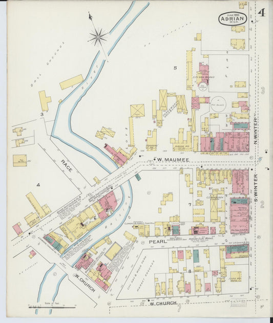Sanborn Fire Insurance Map from Adrian, Lenawee County, Michigan (1893), Sheet #0004 - Historic Sanborn Fire Insurance Map Print, vintage old map wall art, antique decor, genealogy gift, Michigan Michigan map