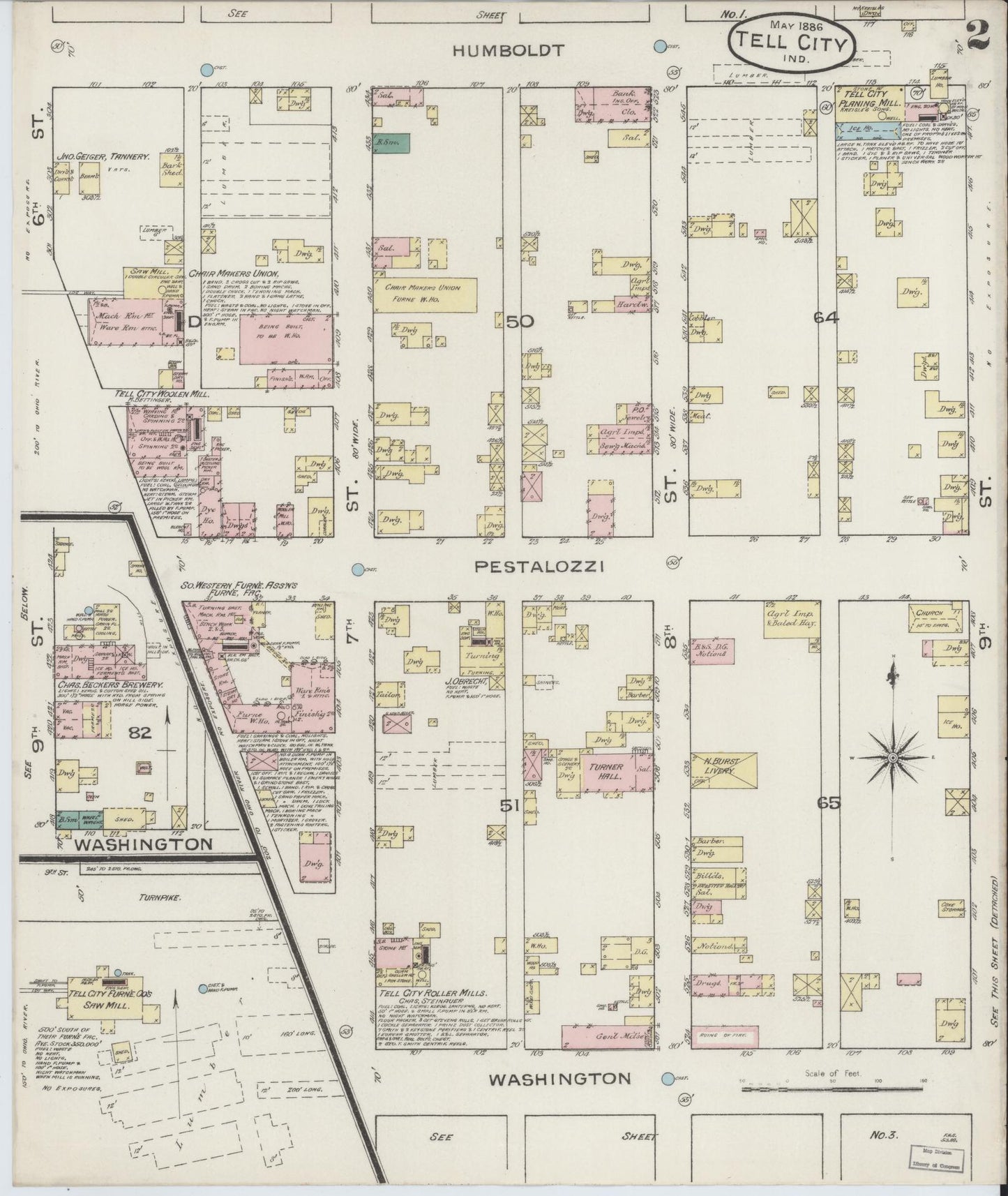 Sanborn Fire Insurance Map from Tell City, Perry County, Indiana (1886), Sheet #0002 - Complete Map Set gallery image, historic Sanborn map, vintage wall art, Indiana Indiana