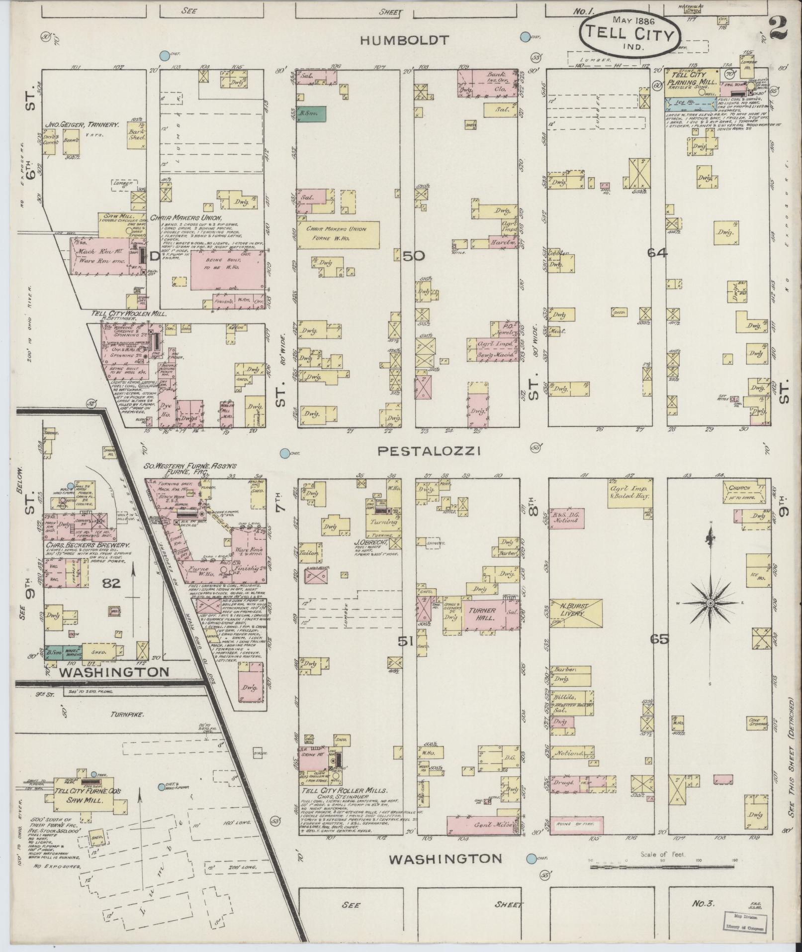 Sanborn Fire Insurance Map from Tell City, Perry County, Indiana (1886), Sheet #0002 - Complete Map Set gallery image, historic Sanborn map, vintage wall art, Indiana Indiana