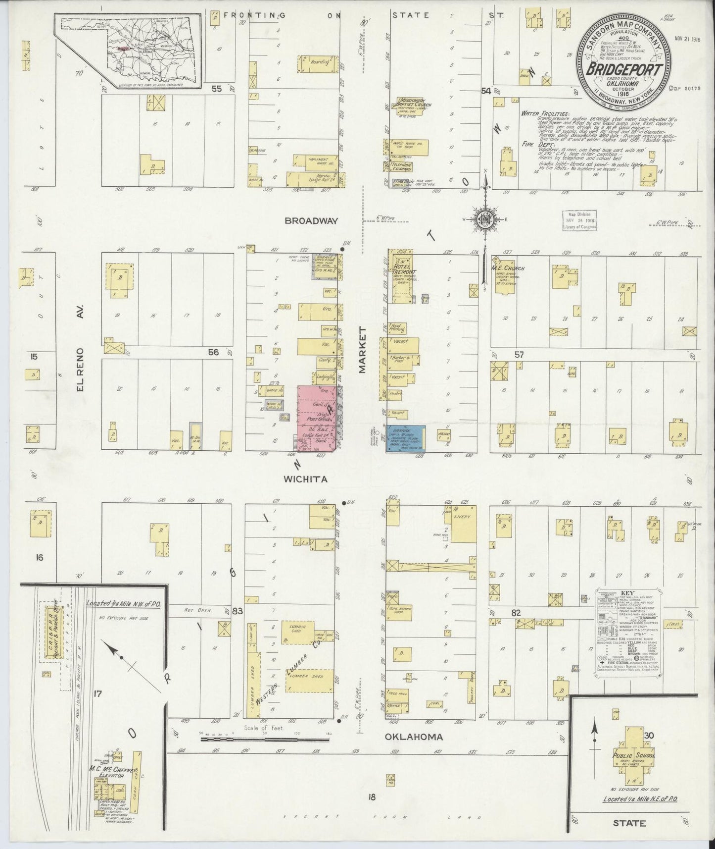 Sanborn Fire Insurance Map from Bridgeport, Caddo County, Oklahoma (1916), Sheet #0001 - Historic Sanborn Fire Insurance Map Print, vintage old map wall art, antique decor, genealogy gift, Oklahoma Oklahoma map