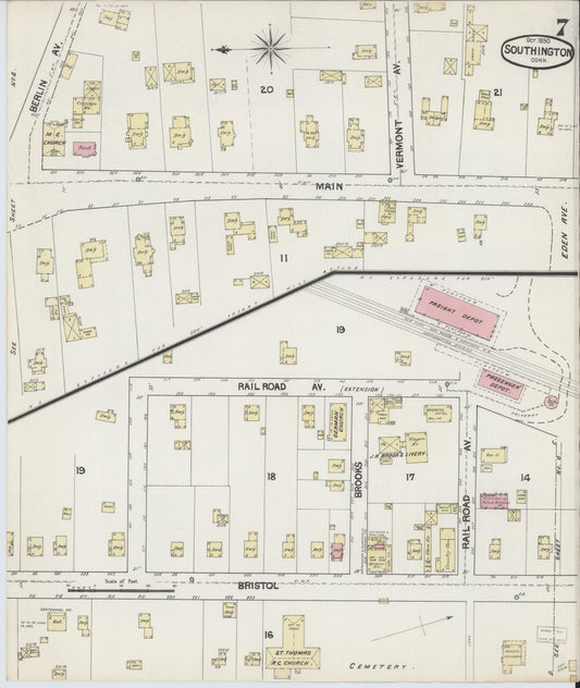 Sanborn Fire Insurance Map from Southington, Hartford County, Connecticut (1890), Sheet #0007 - Historic Sanborn Fire Insurance Map Print, vintage old map wall art, antique decor, genealogy gift, Connecticut Connecticut map