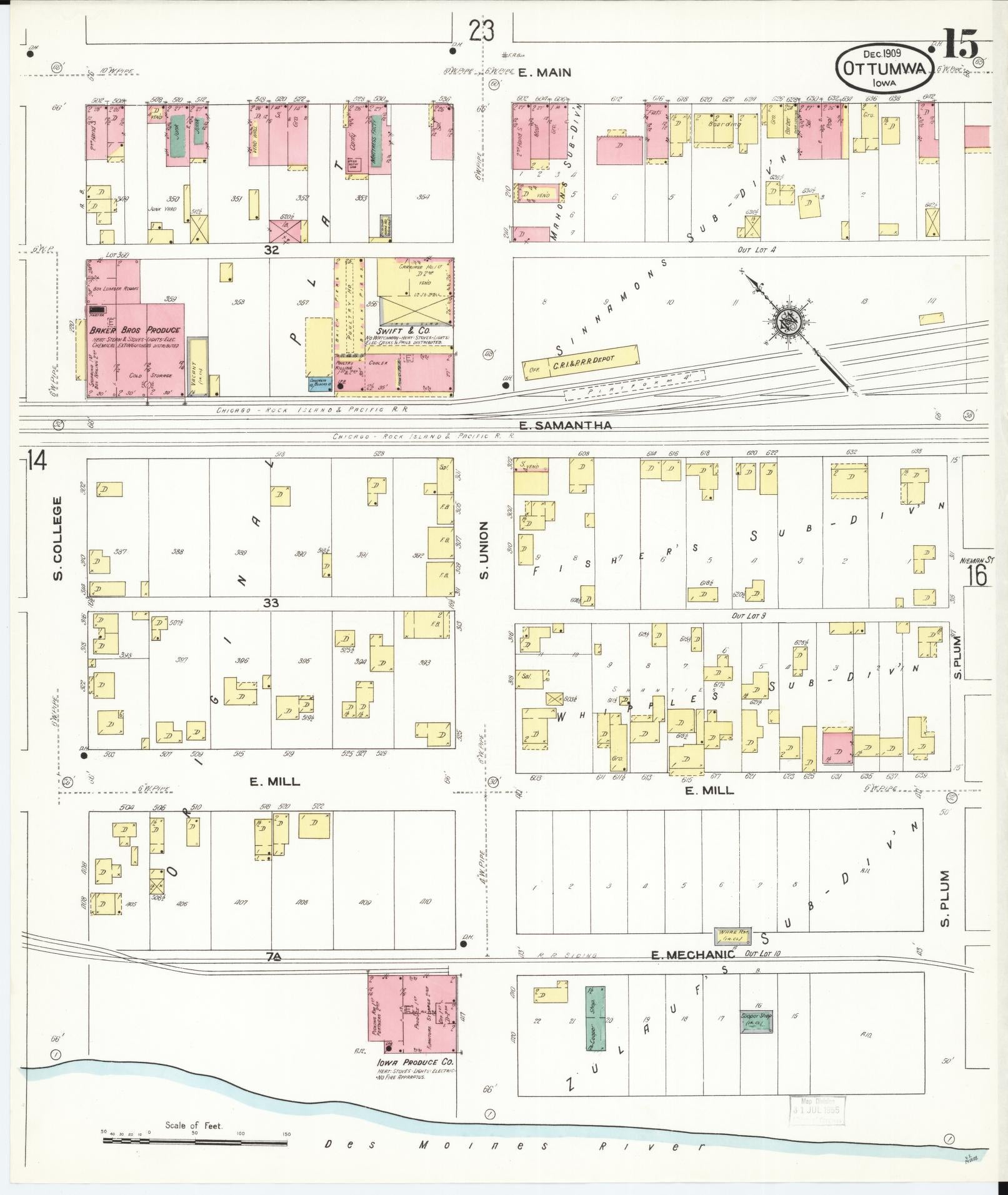 Sanborn Fire Insurance Map from Ottumwa, Wapello County, Iowa (1909), Sheet #0015 - Historic Sanborn Fire Insurance Map Print, vintage old map wall art