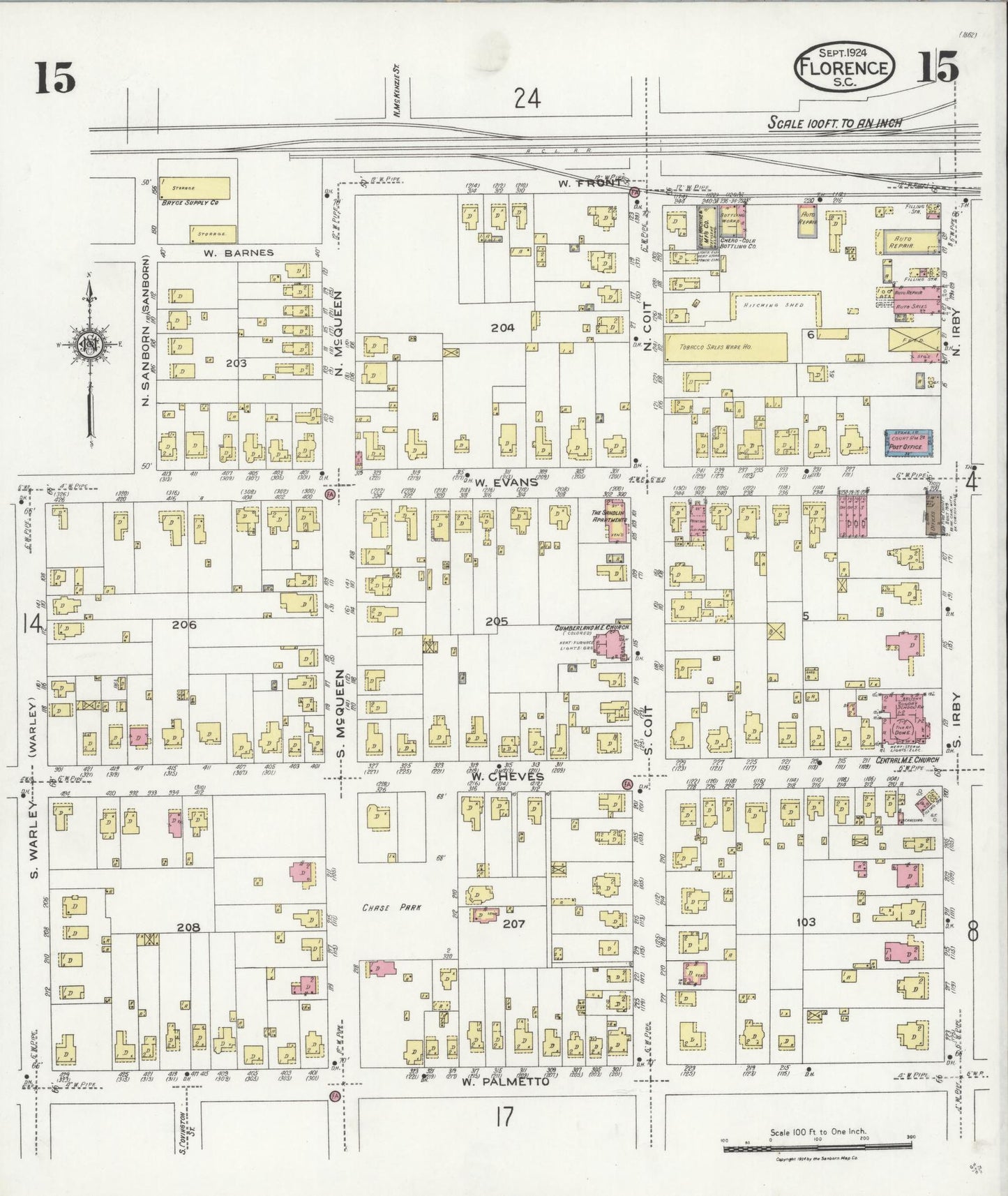 Sanborn Fire Insurance Map from Florence, Florence County, South Carolina (1924), Sheet #0015 - Complete Map Set gallery image, historic Sanborn map, vintage wall art, South Carolina South Carolina