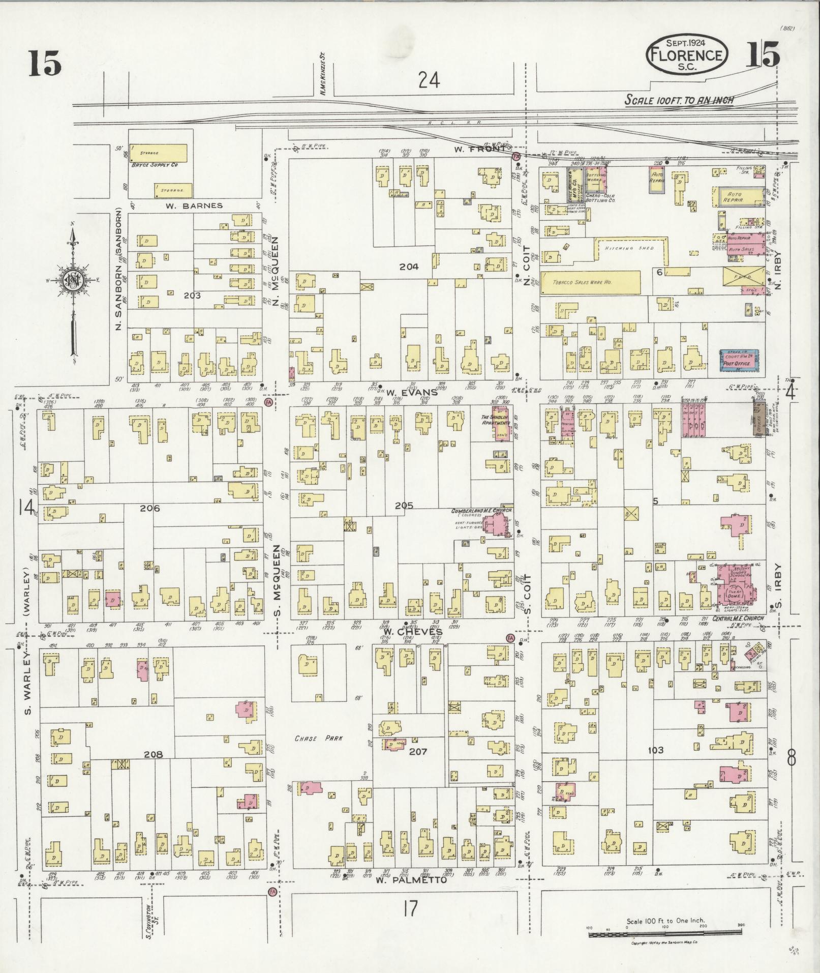 Sanborn Fire Insurance Map from Florence, Florence County, South Carolina (1924), Sheet #0015 - Complete Map Set gallery image, historic Sanborn map, vintage wall art, South Carolina South Carolina