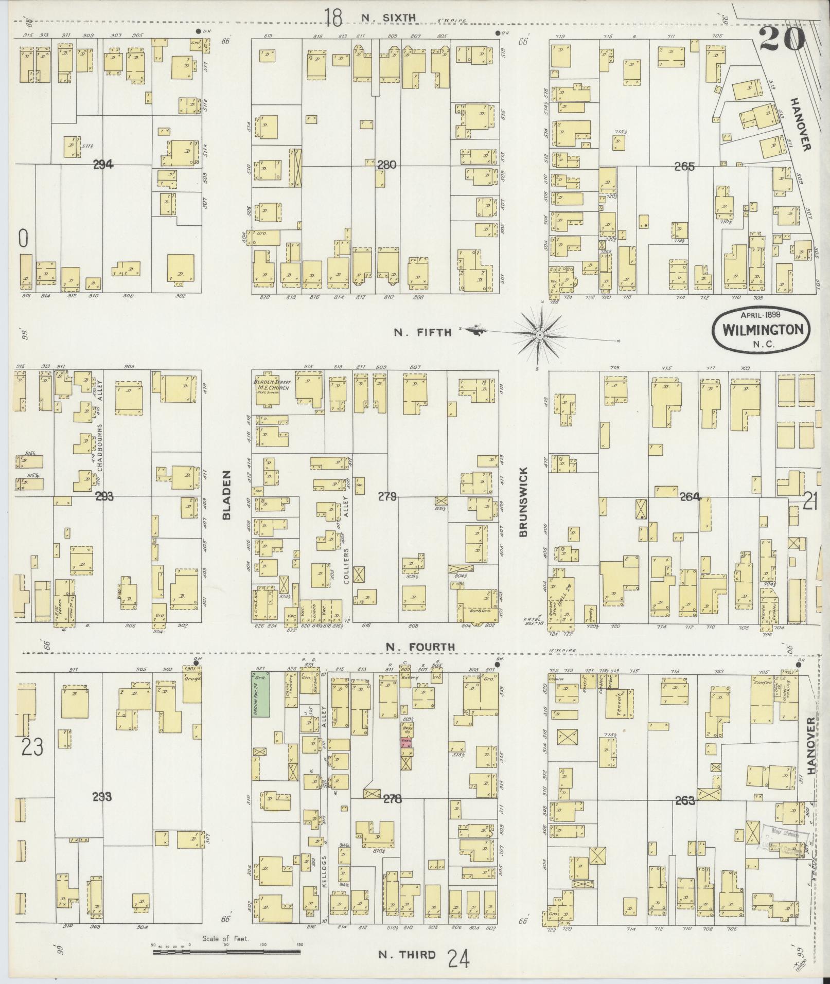 Sanborn Fire Insurance Map from Wilmington, New Hanover County, North Carolina (1898), Sheet #0020 - Complete Map Set gallery image, historic Sanborn map, vintage wall art, North Carolina North Carolina