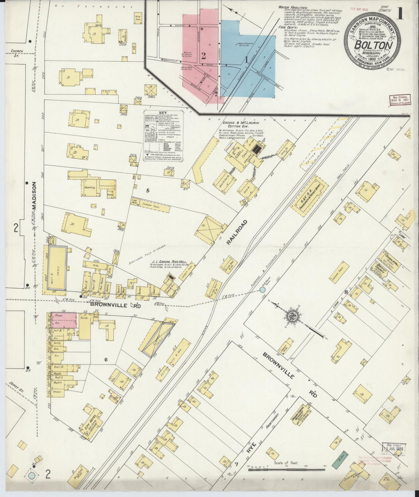 Sanborn Fire Insurance Map from Bolton, Hinds County, Mississippi (1910), Sheet #0001 - Historic Sanborn Fire Insurance Map Print, vintage old map wall art, antique decor, genealogy gift, Mississippi Mississippi map