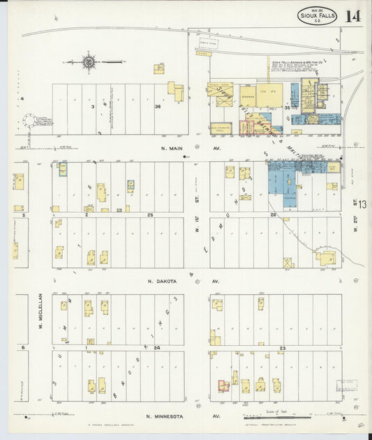 Sanborn Fire Insurance Map from Sioux Falls, Minnehaha County, South Dakota (1911), Sheet #0014 - Historic Sanborn Fire Insurance Map Print, vintage old map wall art, antique decor, genealogy gift, South Dakota South Dakota map