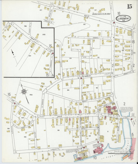 Sanborn Fire Insurance Map from Claremont, Sullivan County, New Hampshire (1918), Sheet #0015 - Historic Sanborn Fire Insurance Map Print, vintage old map wall art, antique decor, genealogy gift, New Hampshire New Hampshire map