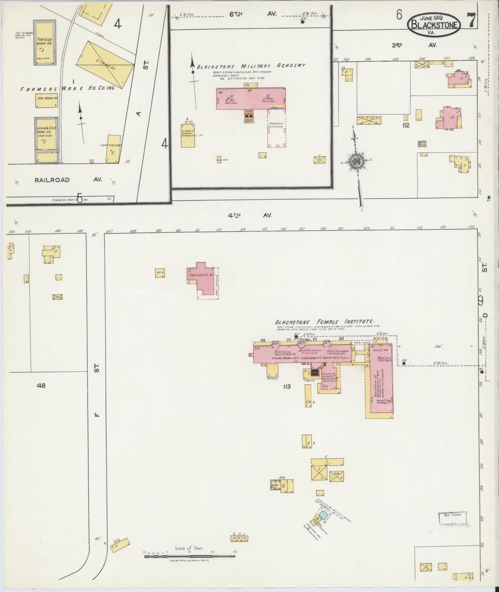 Sanborn Fire Insurance Map from Blackstone, Nottoway County, Virginia (1919), Sheet #0007 - Historic Sanborn Fire Insurance Map Print, vintage old map wall art, antique decor, genealogy gift, Virginia Virginia map