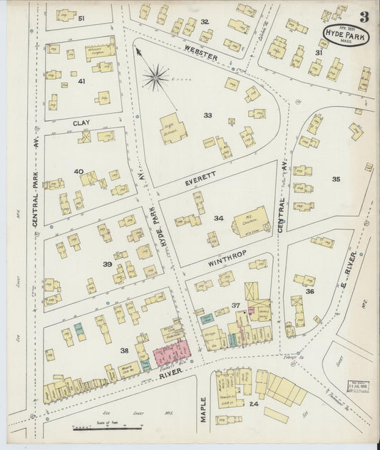 Sanborn Fire Insurance Map from Hyde Park, Norfolk County, Massachusetts (1891), Sheet #0003 - Historic Sanborn Fire Insurance Map Print, vintage old map wall art, antique decor, genealogy gift, Massachusetts Massachusetts map