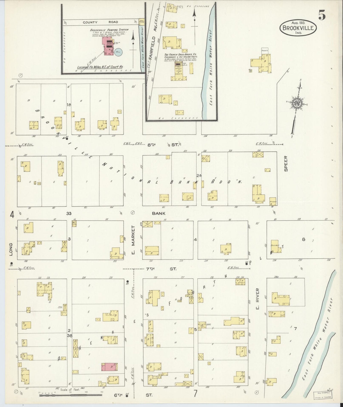 Sanborn Fire Insurance Map from Brookville, Franklin County, Indiana (1913), Sheet #0005 - Historic Sanborn Fire Insurance Map Print, vintage old map wall art, antique decor, genealogy gift, Indiana Indiana map