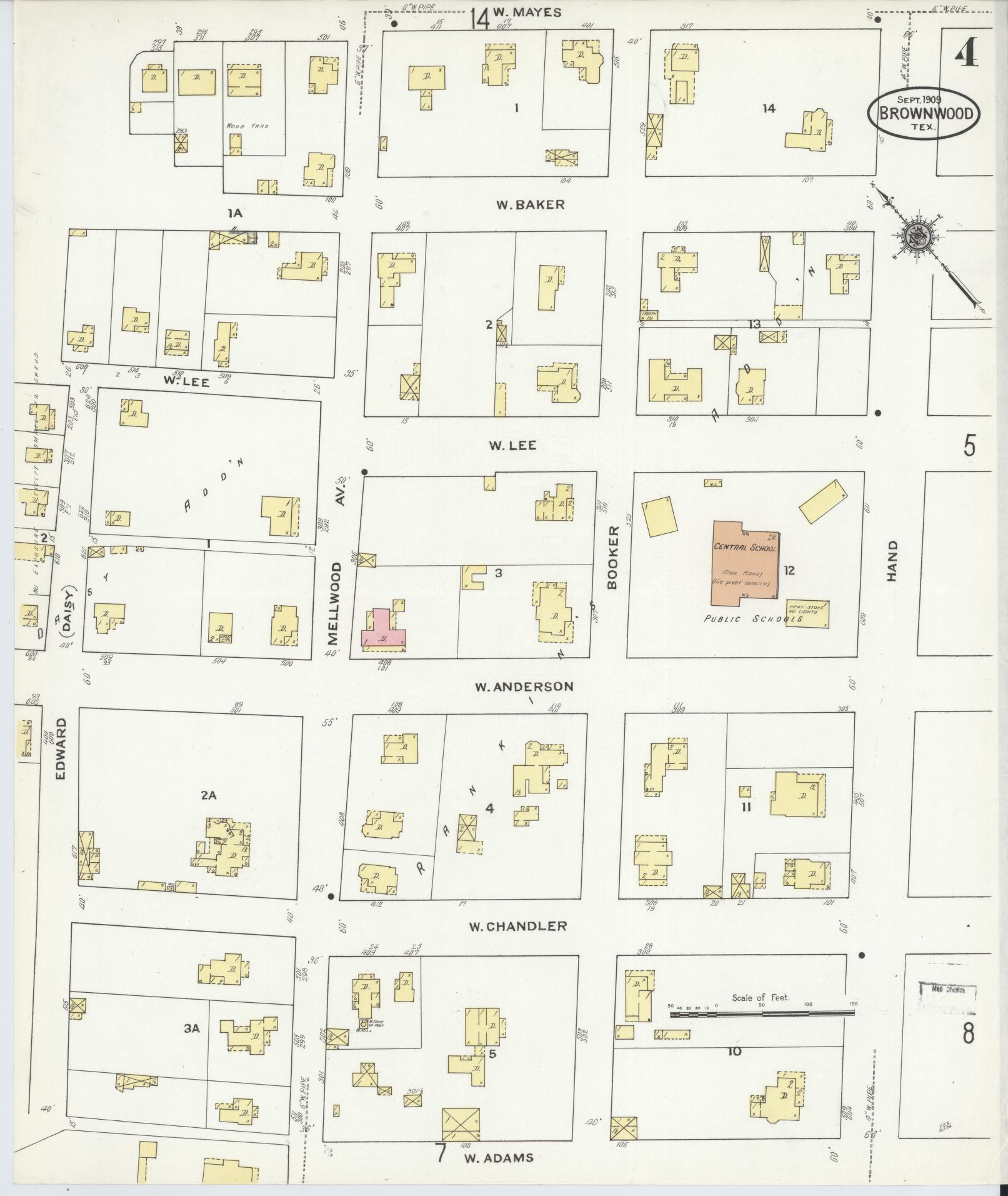 Sanborn Fire Insurance Map from Brownwood, Brown County, Texas (1909), Sheet #0004 - Historic Sanborn Fire Insurance Map Print, vintage old map wall art, antique decor, genealogy gift, Texas Texas map