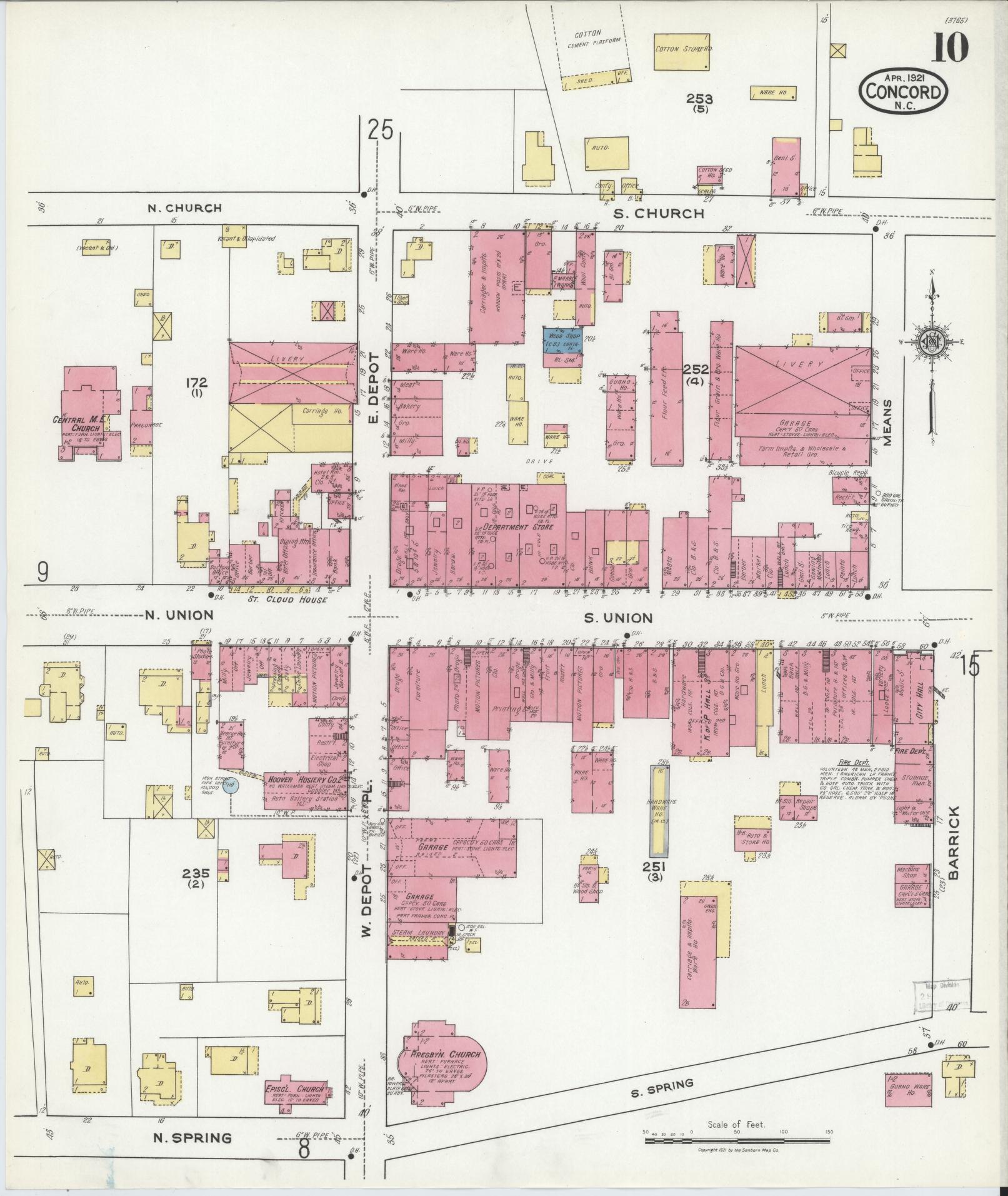 Sanborn Fire Insurance Map from Concord, Cabarrus County, North Carolina (1921), Sheet #0010 - Complete Map Set gallery image, historic Sanborn map, vintage wall art, North Carolina North Carolina