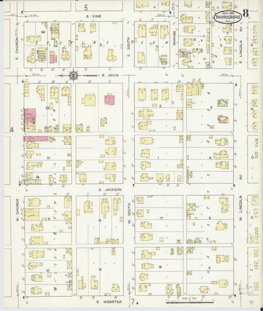 Sanborn Fire Insurance Map from Harrisburg, Saline County, Illinois (1913), Sheet #0008 - Historic Sanborn Fire Insurance Map Print, vintage old map wall art, antique decor, genealogy gift, Illinois Illinois map
