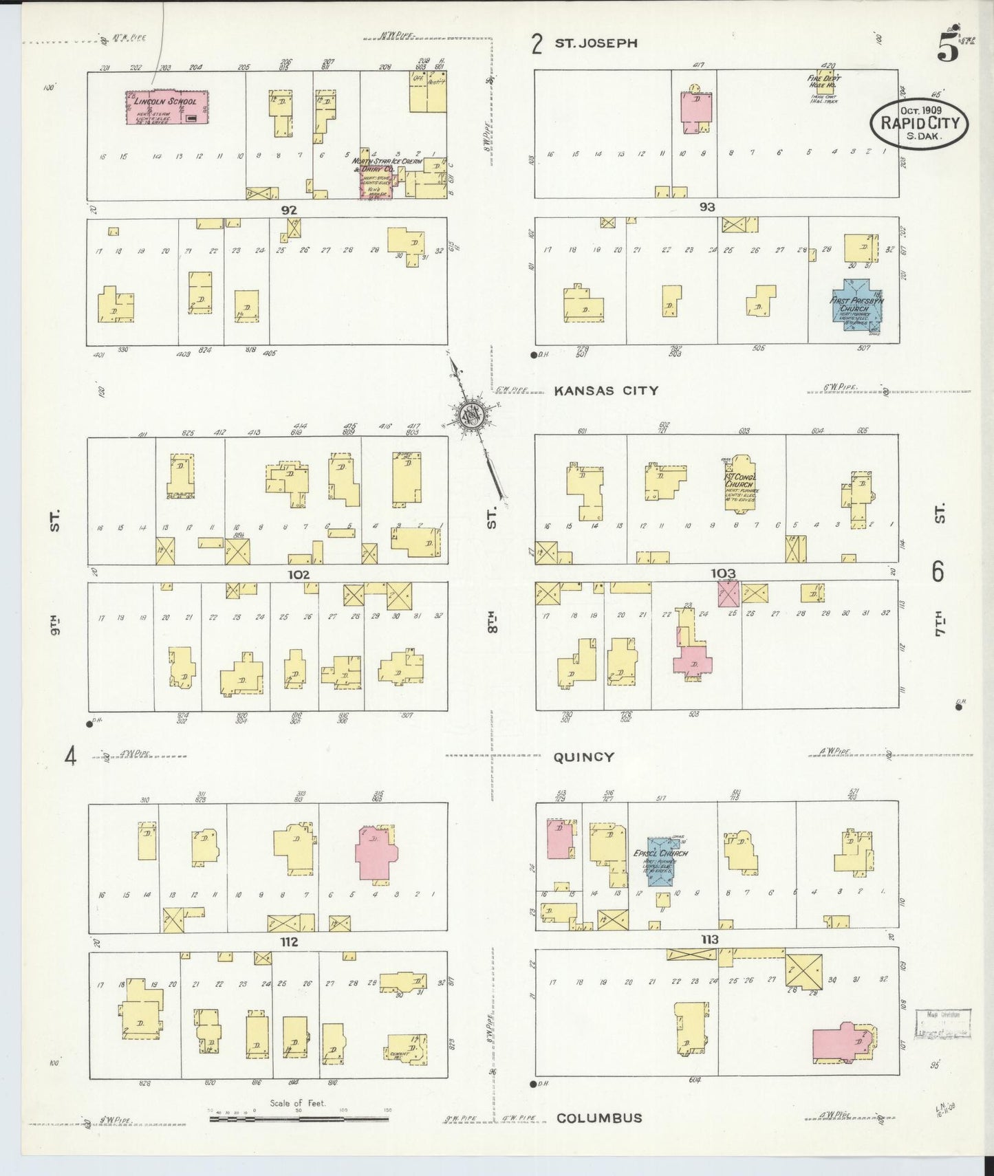 Sanborn Fire Insurance Map from Rapid City, Pennington County, South Dakota (1909), Sheet #0005 - Complete Map Set gallery image, historic Sanborn map, vintage wall art, South Dakota South Dakota