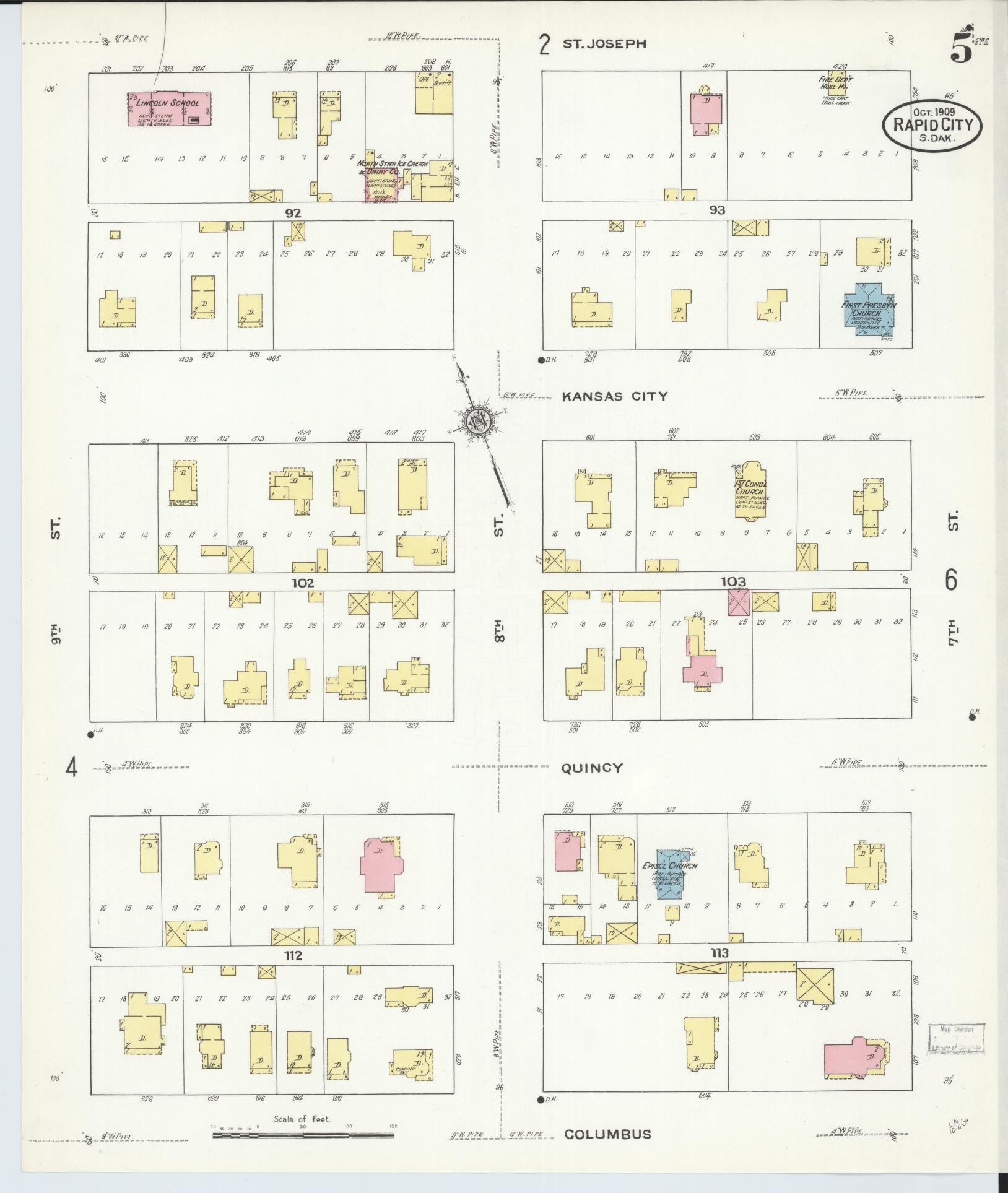 Sanborn Fire Insurance Map from Rapid City, Pennington County, South Dakota (1909), Sheet #0005 - Complete Map Set gallery image, historic Sanborn map, vintage wall art, South Dakota South Dakota