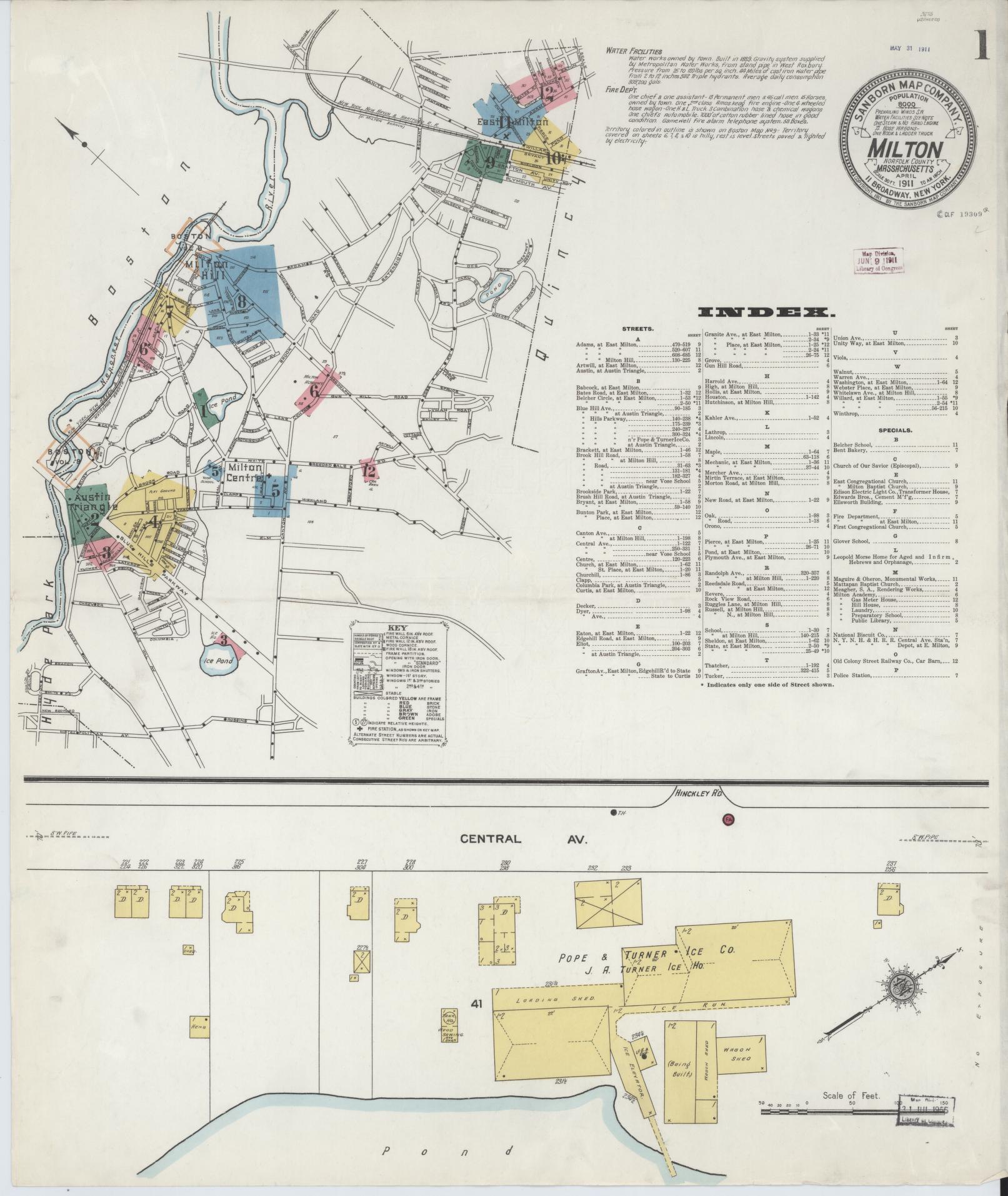 Sanborn Fire Insurance Map from Milton, Norfolk County, Massachusetts (1911), Sheet #0001 - Complete Map Set gallery image, historic Sanborn map, vintage wall art, Massachusetts Massachusetts