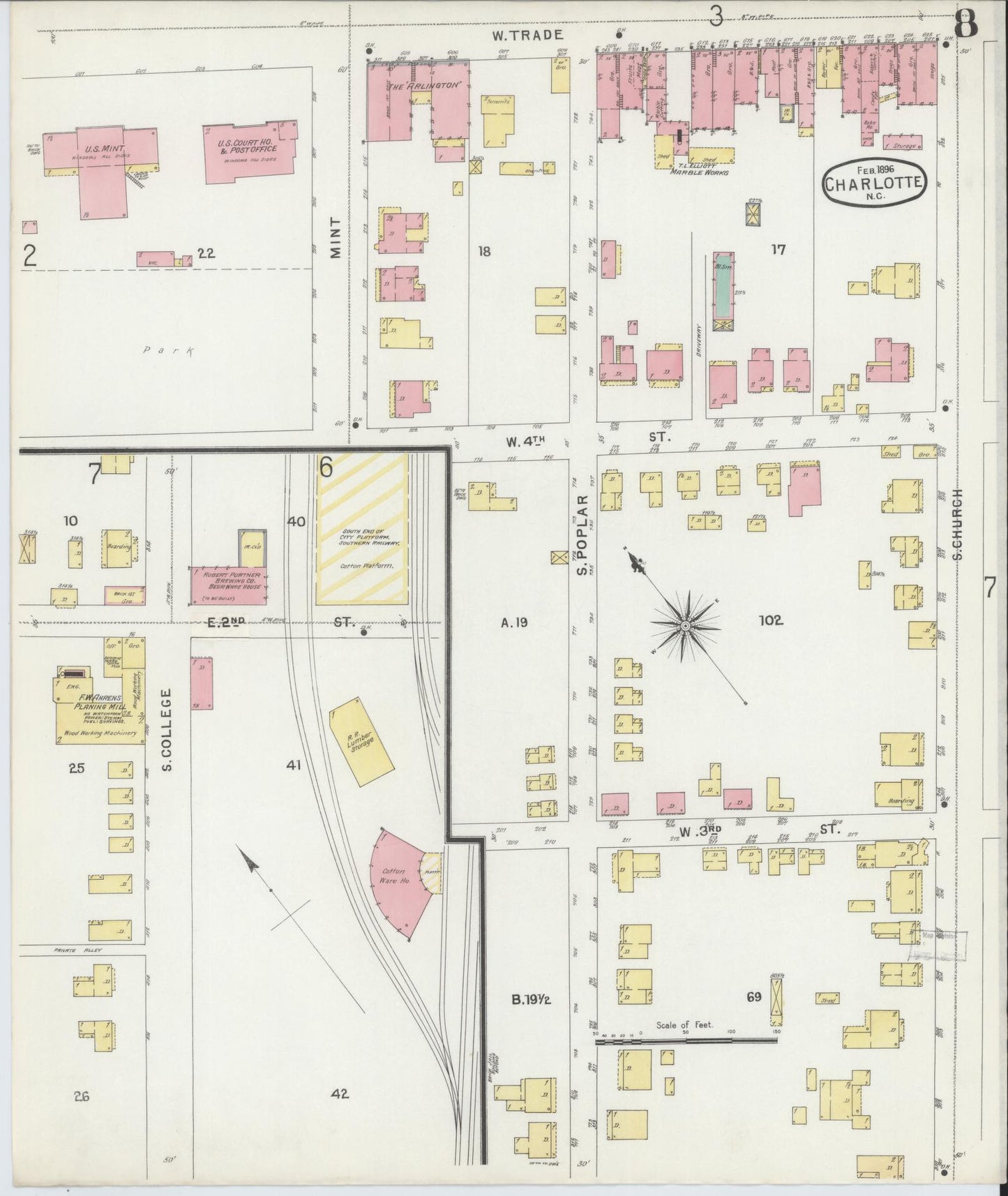 Sanborn Fire Insurance Map from Charlotte, Mecklenburg County, North Carolina (1896), Sheet #0008 - Complete Map Set gallery image, historic Sanborn map, vintage wall art, North Carolina North Carolina