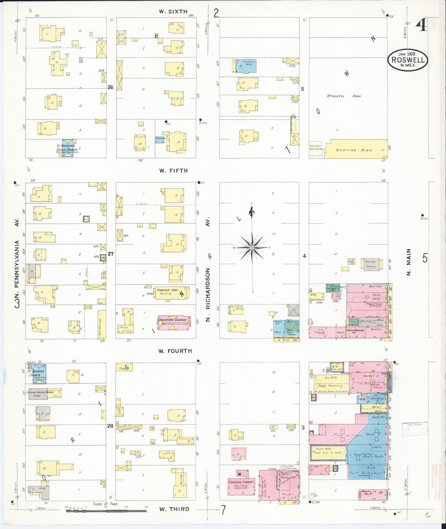 Sanborn Fire Insurance Map from Roswell, Chaves County, New Mexico (1909), Sheet #0004 - Complete Map Set gallery image, historic Sanborn map, vintage wall art, New Mexico New Mexico
