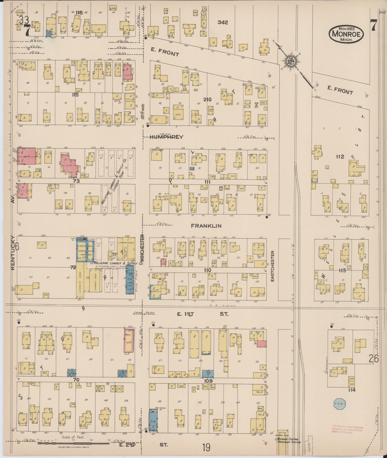 Sanborn Fire Insurance Map from Monroe, Monroe County, Michigan (1922), Sheet #0007 - Complete Map Set gallery image, historic Sanborn map, vintage wall art, Michigan Michigan