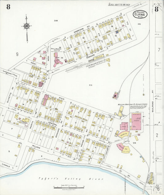 Sanborn Fire Insurance Map from Elkins, Randolph County, West Virginia (1923), Sheet #0008 - Historic Sanborn Fire Insurance Map Print, vintage old map wall art, antique decor, genealogy gift, West Virginia West Virginia map