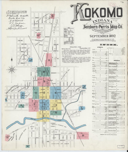 Sanborn Fire Insurance Map from Kokomo, Howard County, Indiana (1892), Sheet #0001 - Complete Map Set gallery image, historic Sanborn map, vintage wall art, Indiana Indiana
