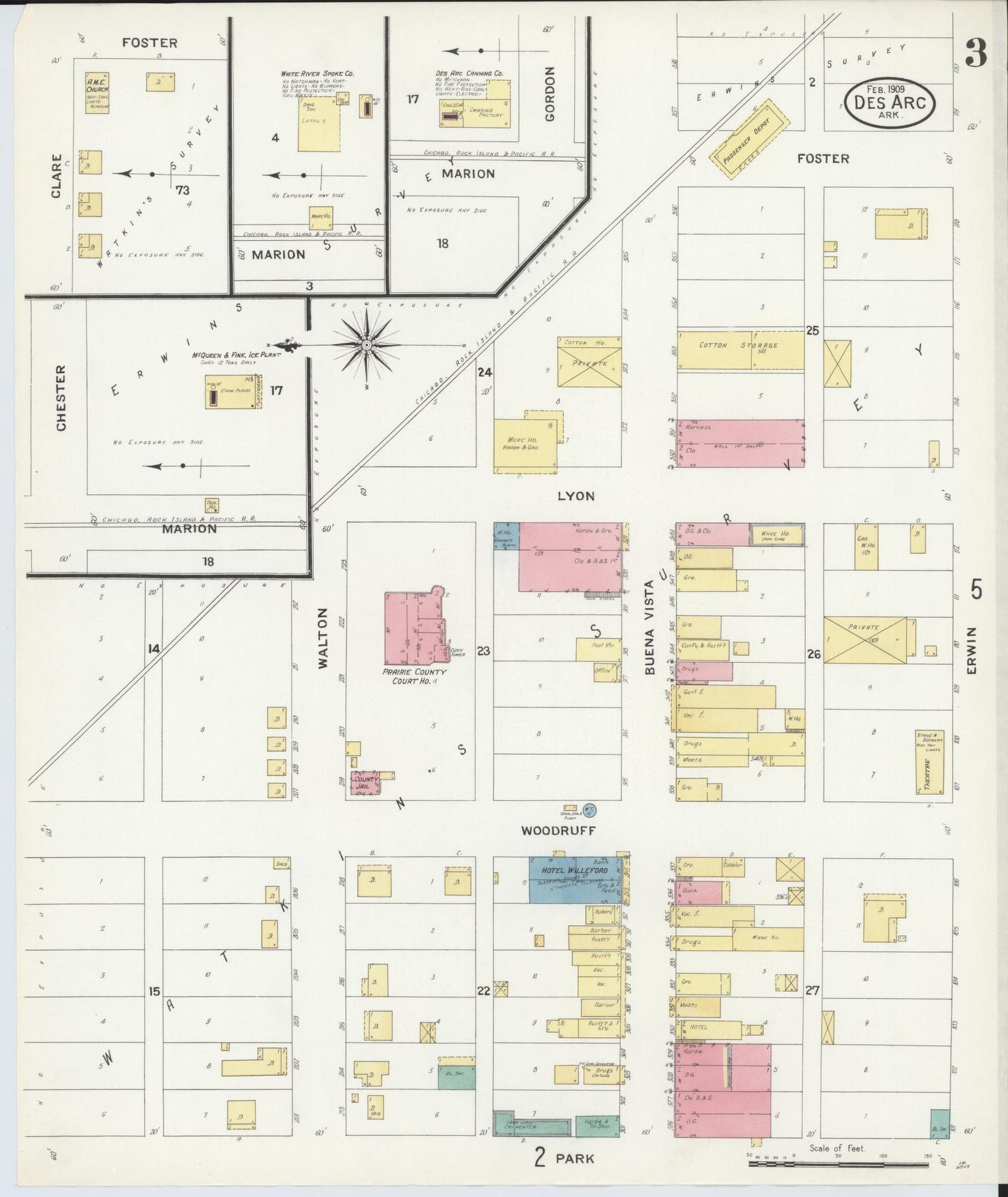 Sanborn Fire Insurance Map from Des Arc, Prarrie County, Arkansas (1909), Sheet #0003 - Complete Map Set gallery image, historic Sanborn map, vintage wall art, Arkansas Arkansas