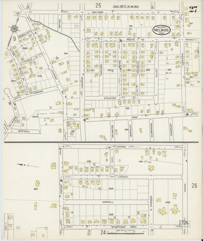 Sanborn Fire Insurance Map from Melrose, Middlesex County, Massachusetts (1915), Sheet #0027 - Complete Map Set gallery image, historic Sanborn map, vintage wall art, Massachusetts Massachusetts