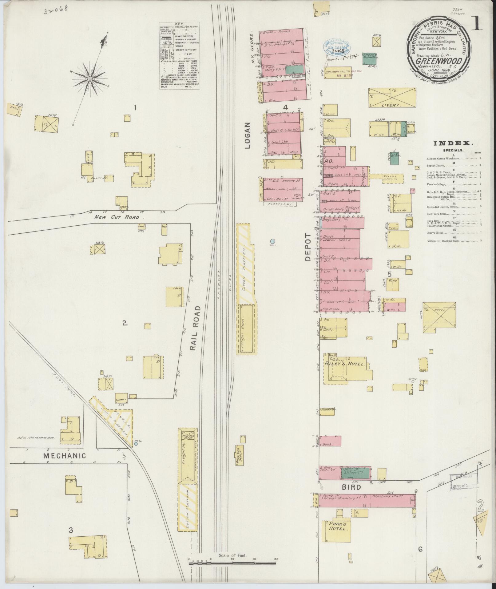 Sanborn Fire Insurance Map from Greenwood, Greenwood County, South Carolina (1894), Sheet #0001 - Historic Sanborn Fire Insurance Map Print, vintage old map wall art, antique decor, genealogy gift, South Carolina South Carolina map