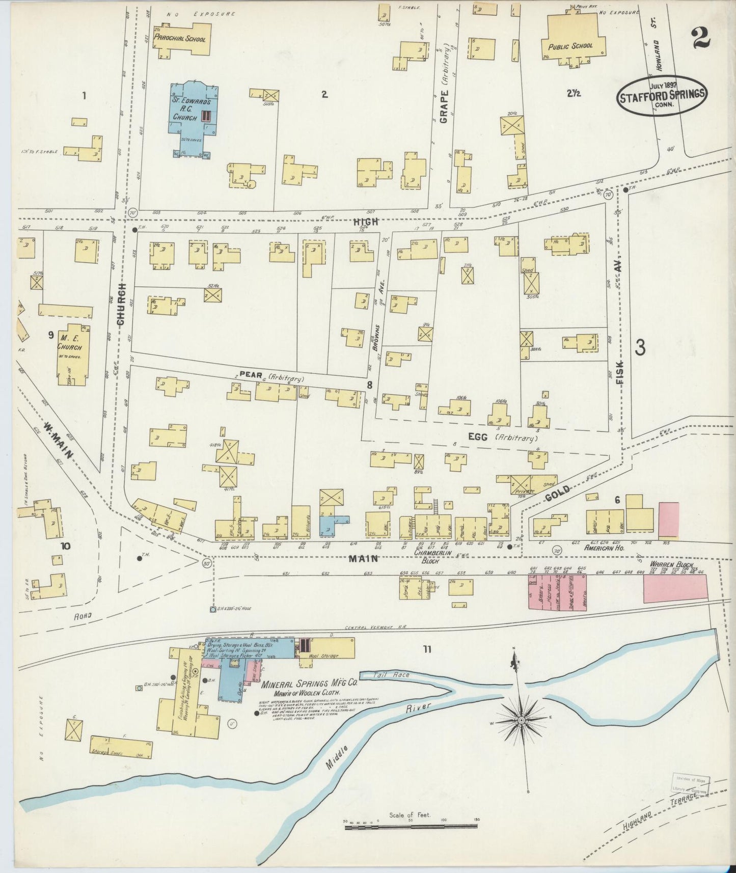 Sanborn Fire Insurance Map from Stafford Springs, Tolland County, Connecticut (1897), Sheet #0002 - Complete Map Set gallery image, historic Sanborn map, vintage wall art, Connecticut Connecticut