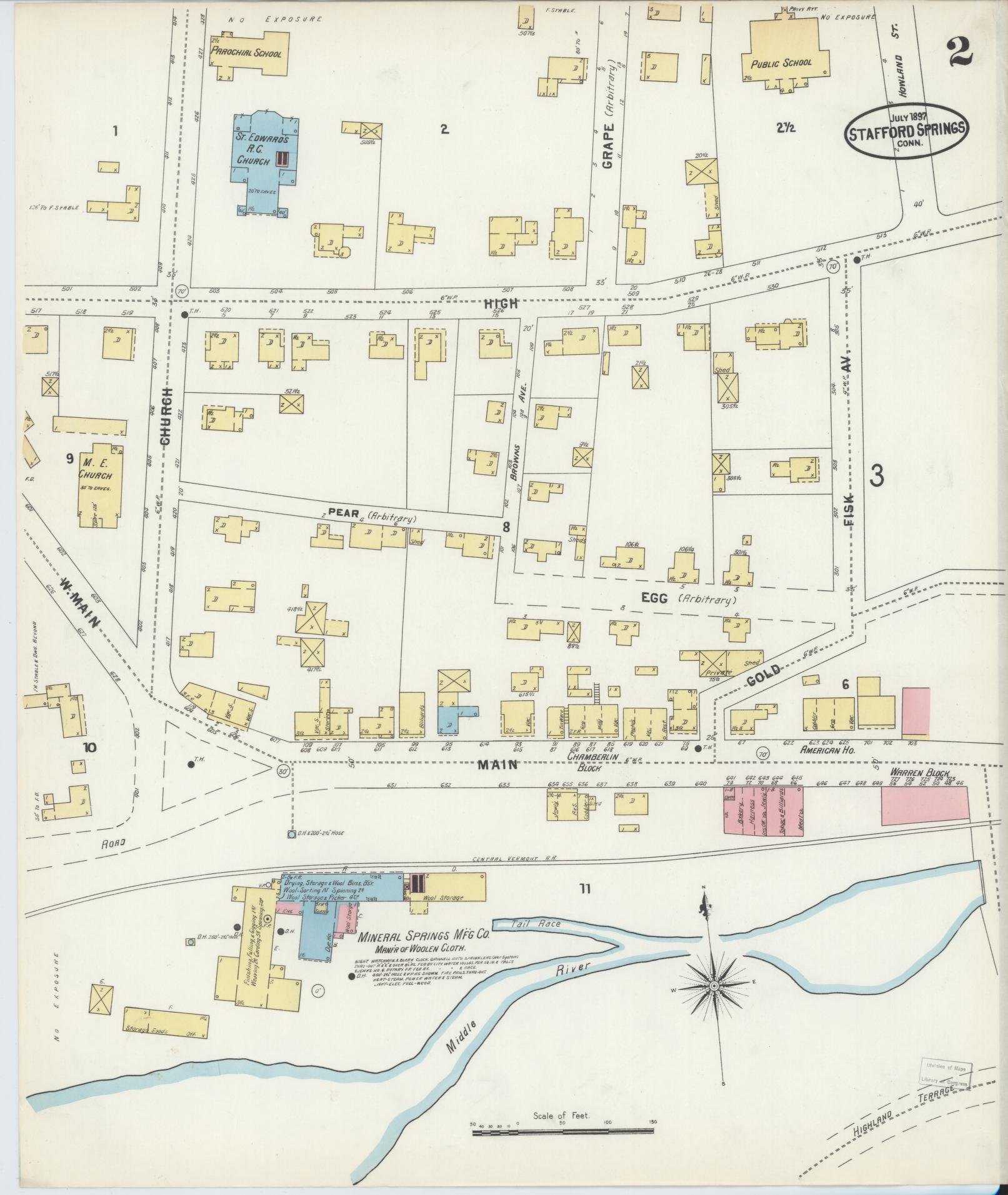 Sanborn Fire Insurance Map from Stafford Springs, Tolland County, Connecticut (1897), Sheet #0002 - Complete Map Set gallery image, historic Sanborn map, vintage wall art, Connecticut Connecticut