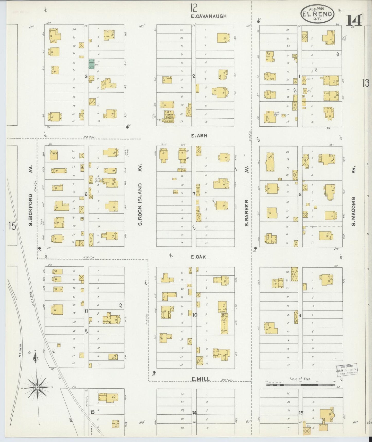 Sanborn Fire Insurance Map from El Reno, Canadian County, Oklahoma (1904), Sheet #0014 - Complete Map Set gallery image, historic Sanborn map, vintage wall art, Oklahoma Oklahoma
