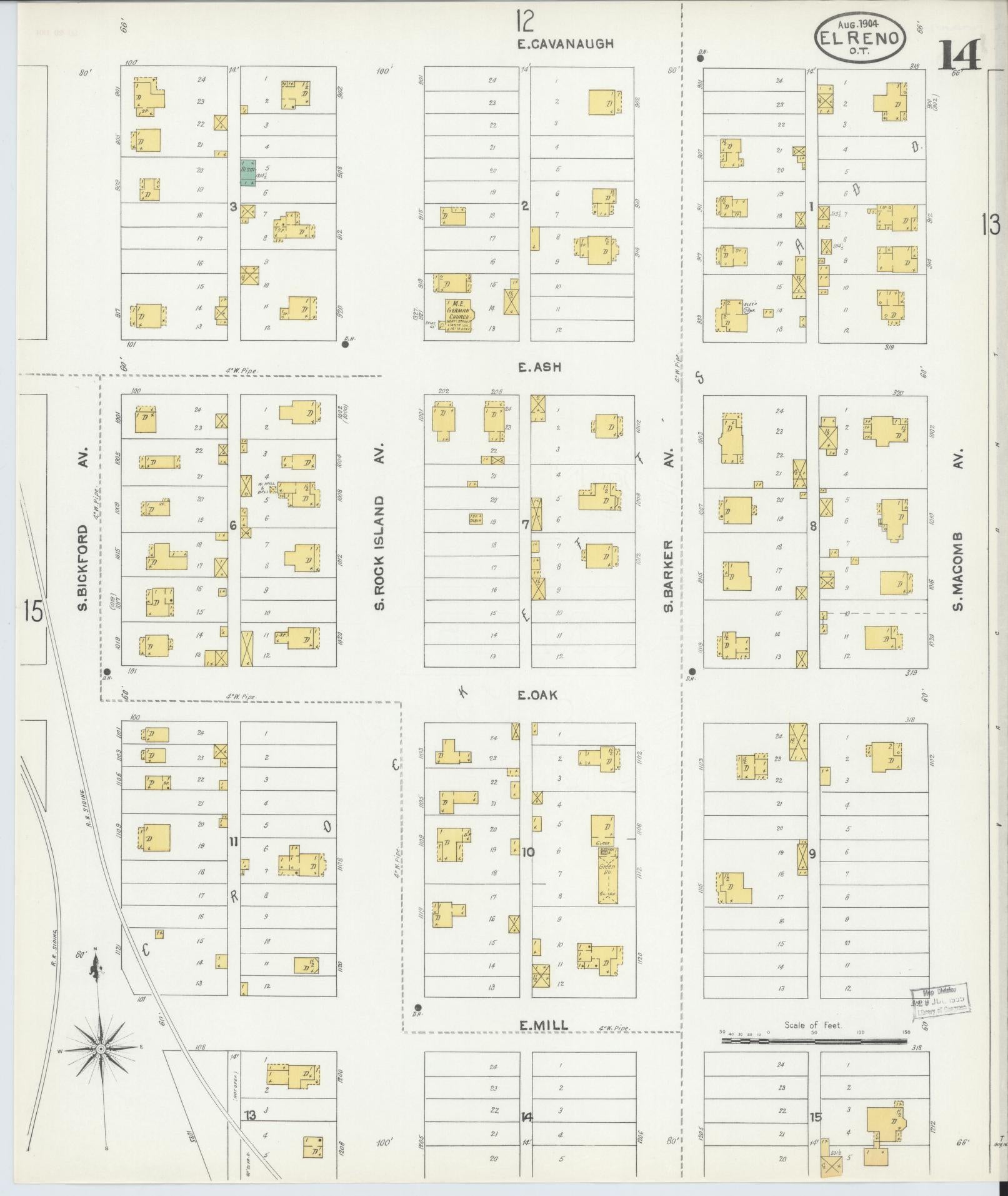 Sanborn Fire Insurance Map from El Reno, Canadian County, Oklahoma (1904), Sheet #0014 - Complete Map Set gallery image, historic Sanborn map, vintage wall art, Oklahoma Oklahoma