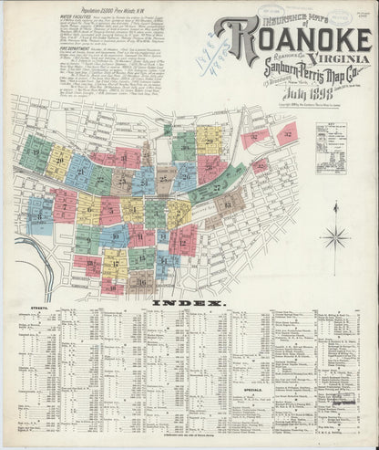 Sanborn Fire Insurance Map from Roanoke, Independent Cities, Virginia (1898), Sheet #0001 - Historic Sanborn Fire Insurance Map Print, vintage old map wall art, antique decor, genealogy gift, Virginia Virginia map