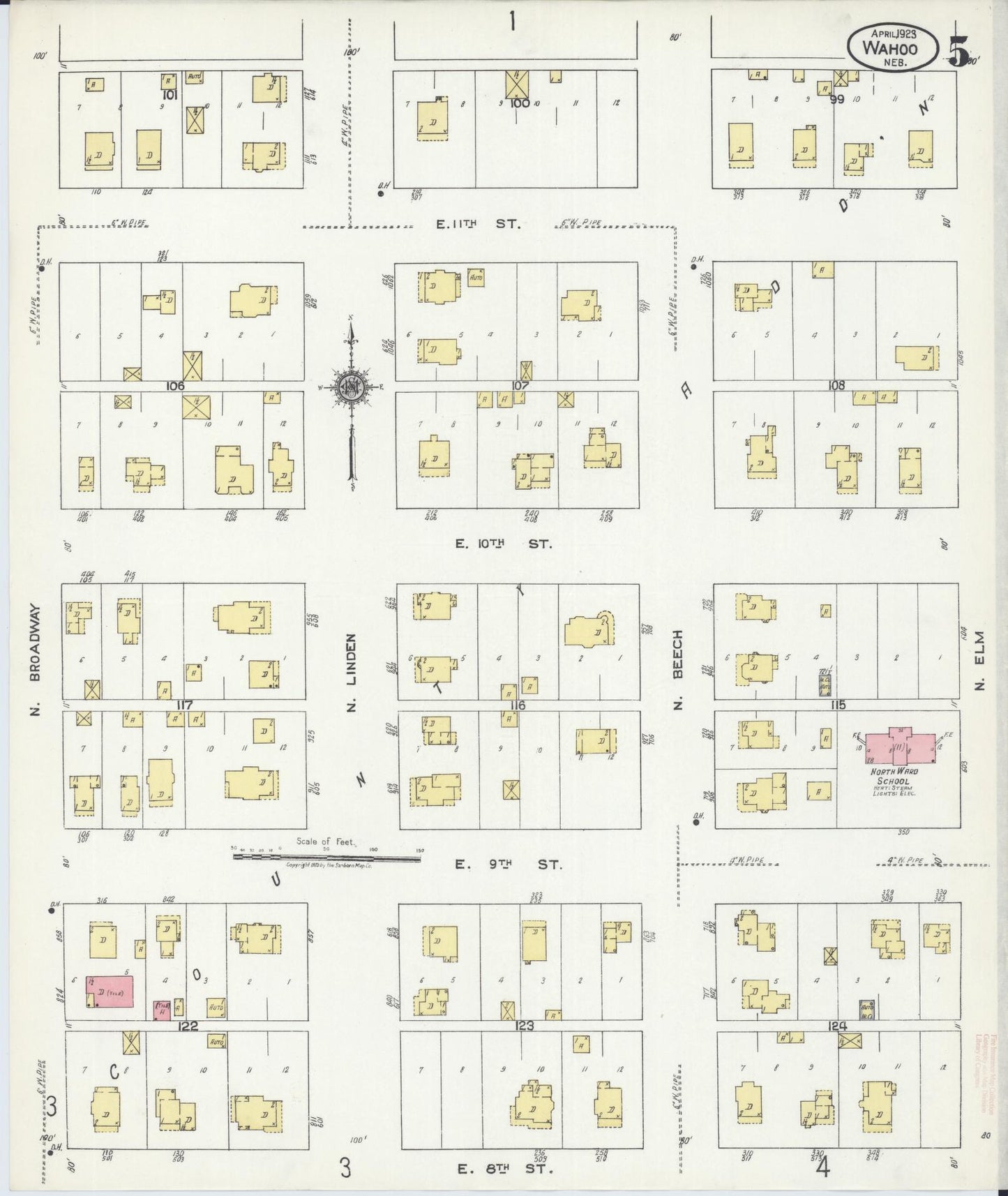 Sanborn Fire Insurance Map from Wahoo, Saunders County, Nebraska (1923), Sheet #0005 - Complete Map Set gallery image, historic Sanborn map, vintage wall art, Nebraska Nebraska