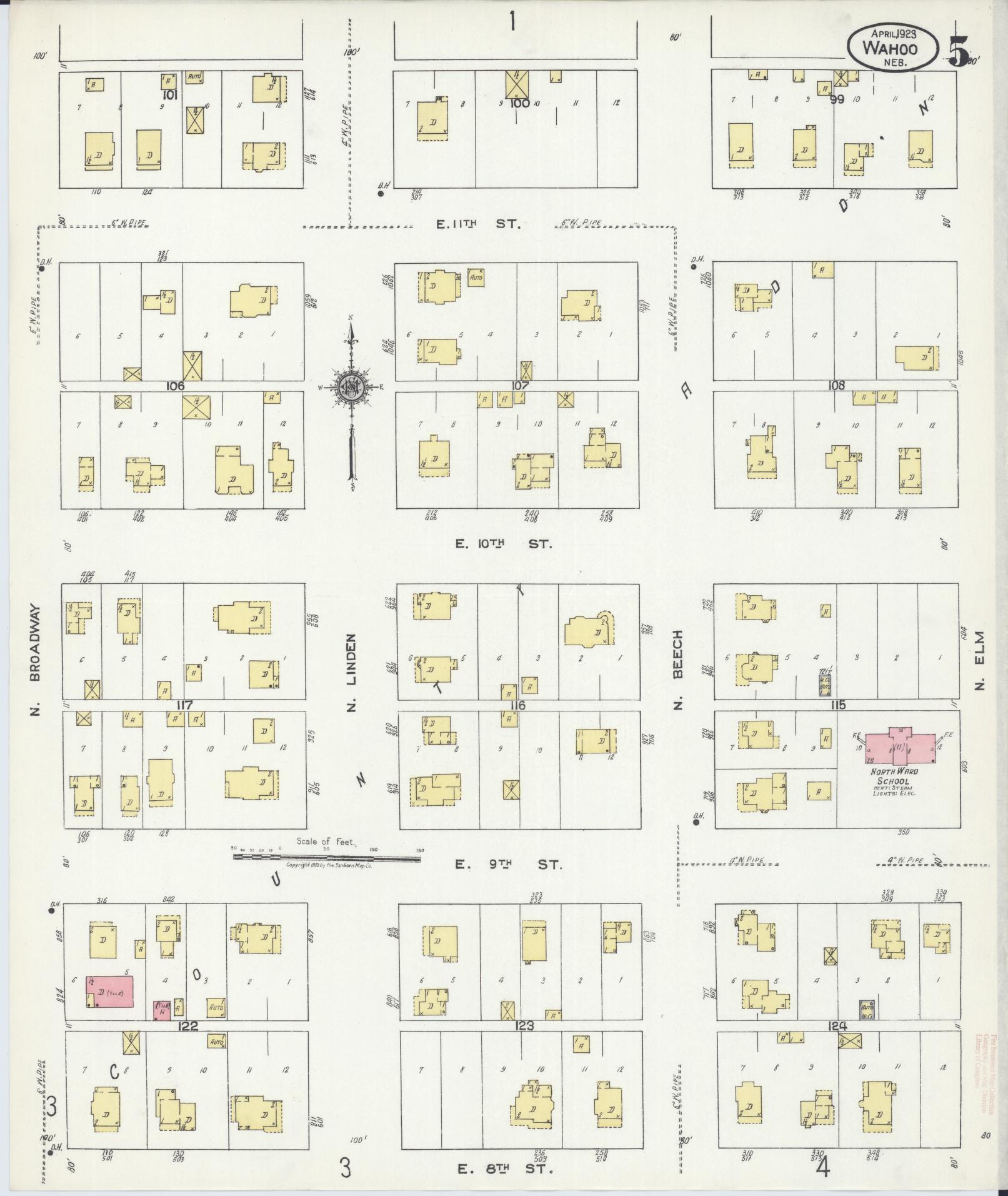 Sanborn Fire Insurance Map from Wahoo, Saunders County, Nebraska (1923), Sheet #0005 - Complete Map Set gallery image, historic Sanborn map, vintage wall art, Nebraska Nebraska
