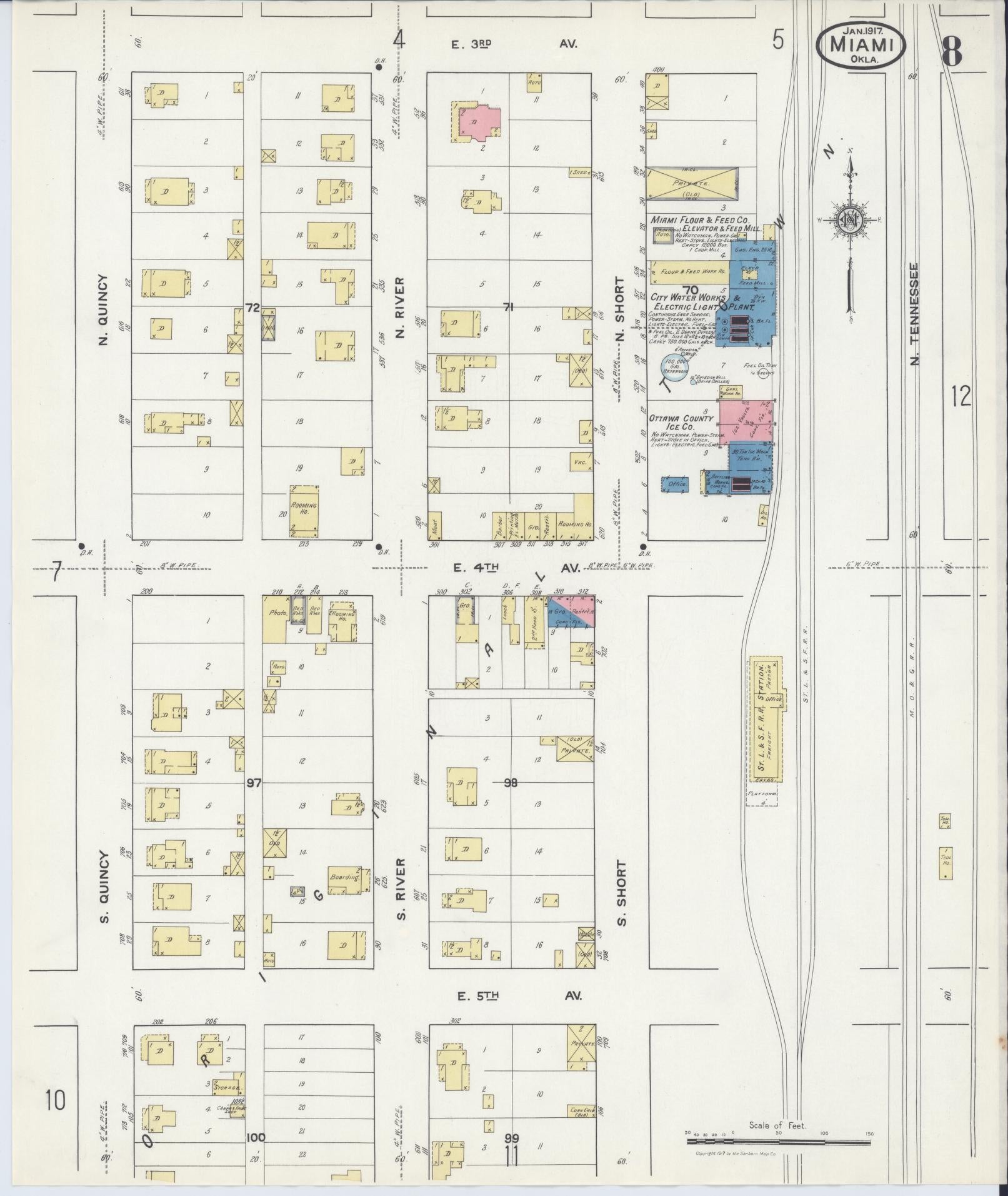 Sanborn Fire Insurance Map from Miami, Ottawa County, Oklahoma (1917), Sheet #0008 - Historic Sanborn Fire Insurance Map Print, vintage old map wall art, antique decor, genealogy gift, Oklahoma Oklahoma map
