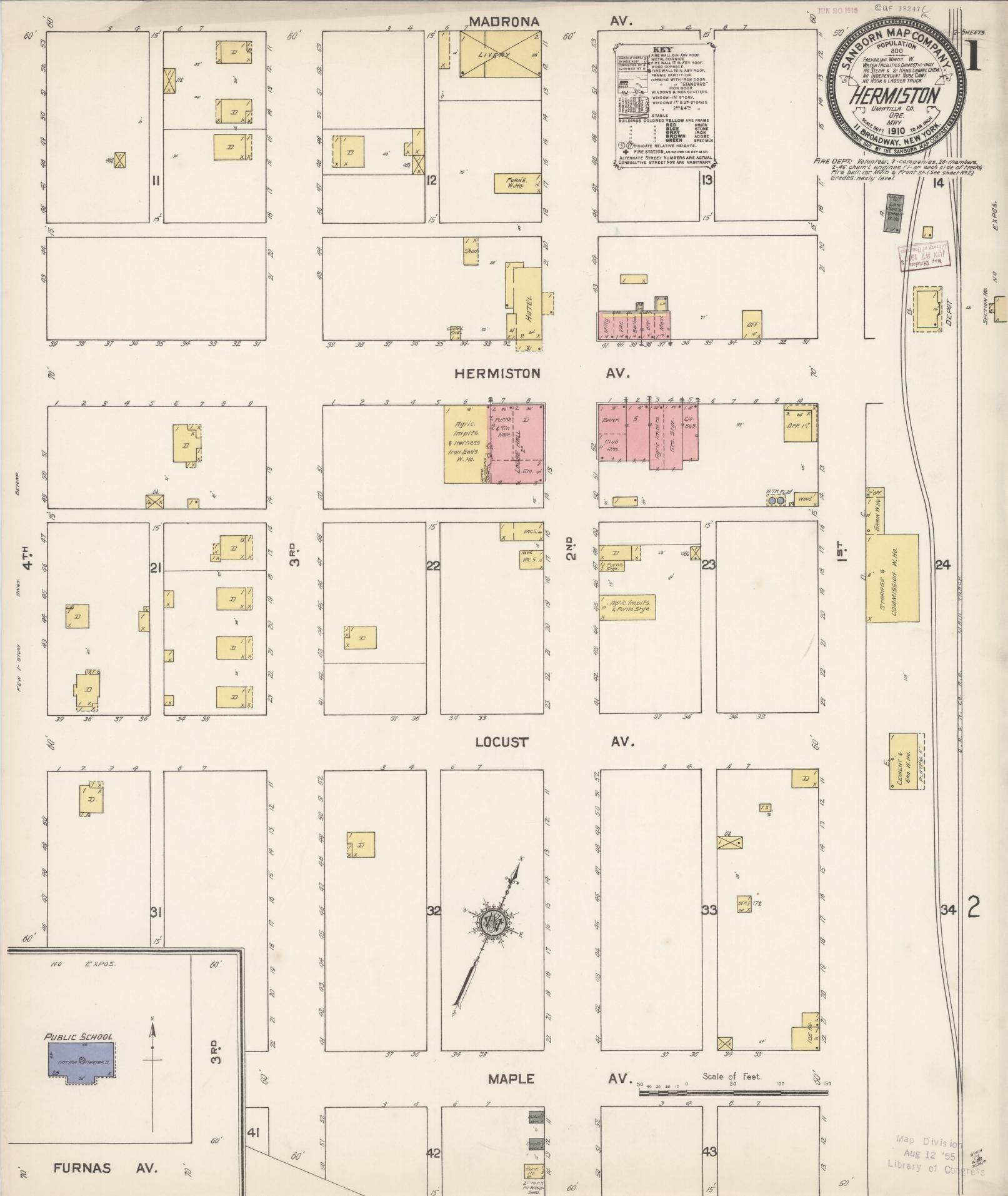 Sanborn Fire Insurance Map from Hermiston, Umatilla County, Oregon (1910), Sheet #0001 - Historic Sanborn Fire Insurance Map Print, vintage old map wall art, antique decor, genealogy gift, Oregon Oregon map