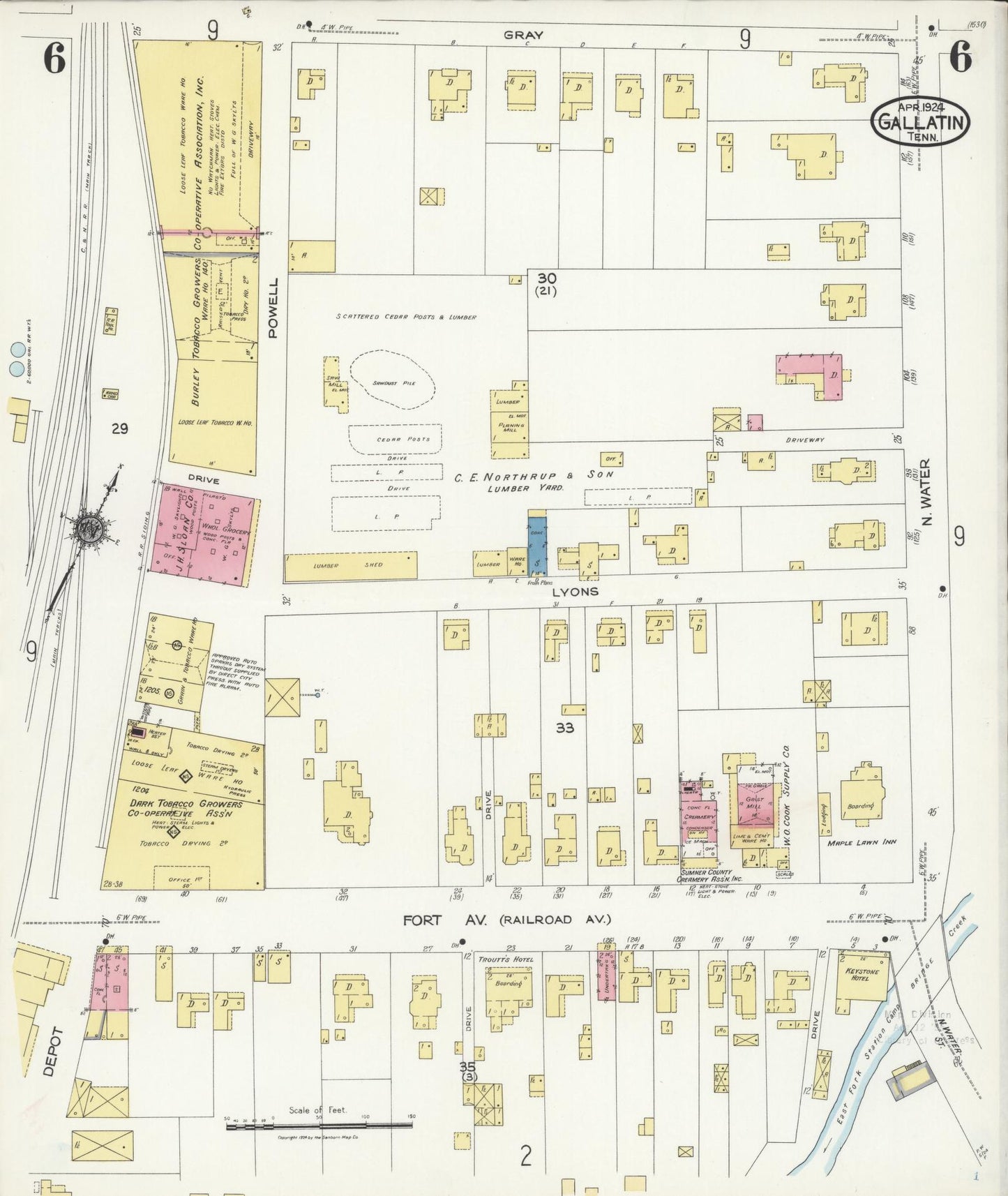 Sanborn Fire Insurance Map from Gallatin, Sumner County, Tennessee (1924), Sheet #0006 - Complete Map Set gallery image, historic Sanborn map, vintage wall art, Tennessee Tennessee