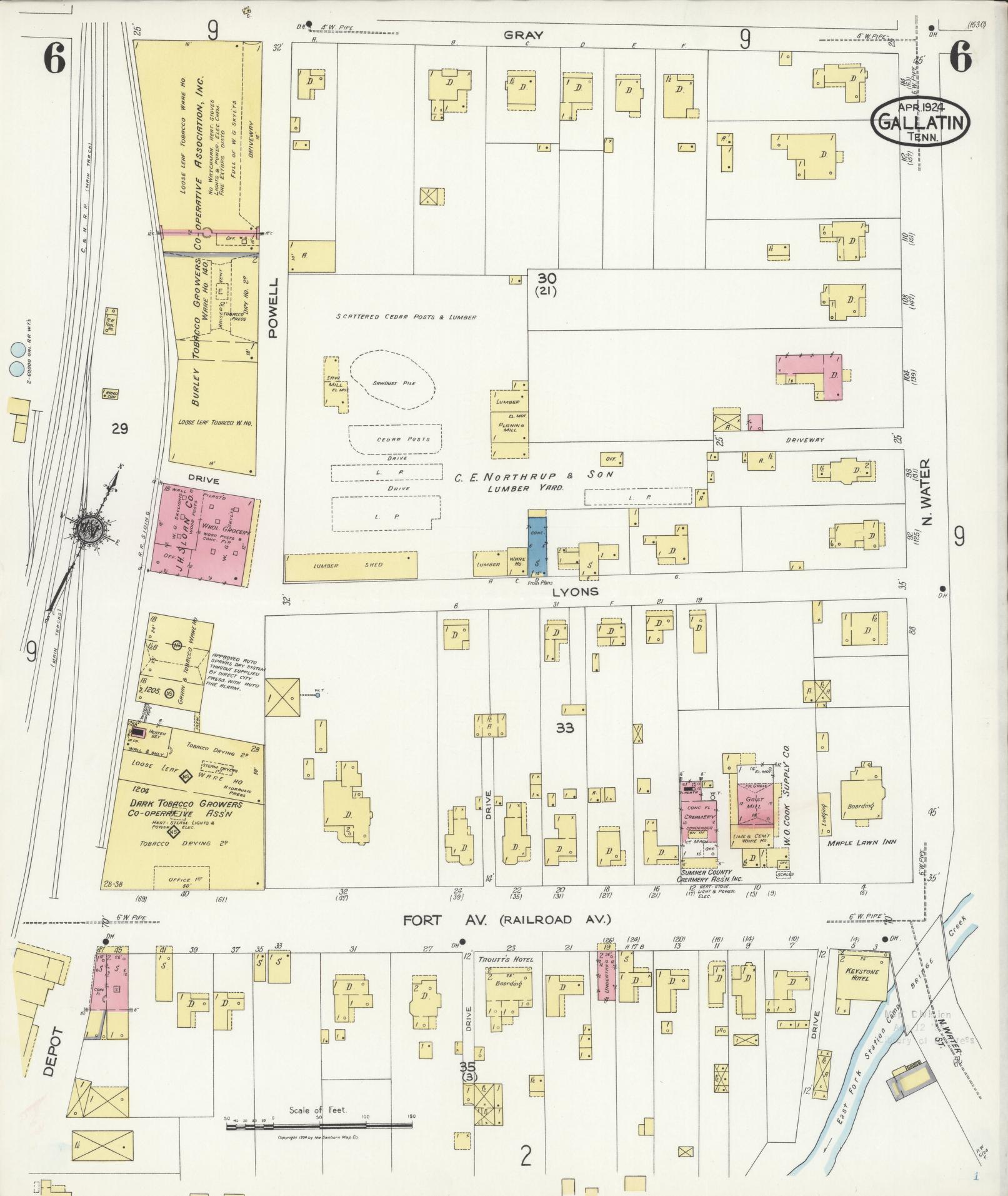 Sanborn Fire Insurance Map from Gallatin, Sumner County, Tennessee (1924), Sheet #0006 - Complete Map Set gallery image, historic Sanborn map, vintage wall art, Tennessee Tennessee