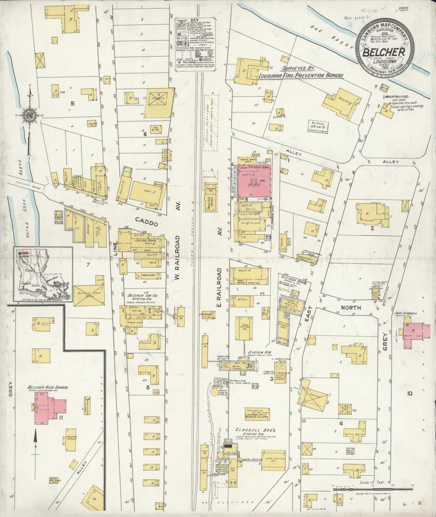 Sanborn Fire Insurance Map from Belcher, Caddo Parish, Louisiana (1921), Sheet #0001 - Historic Sanborn Fire Insurance Map Print, vintage old map wall art, antique decor, genealogy gift, Louisiana Louisiana map