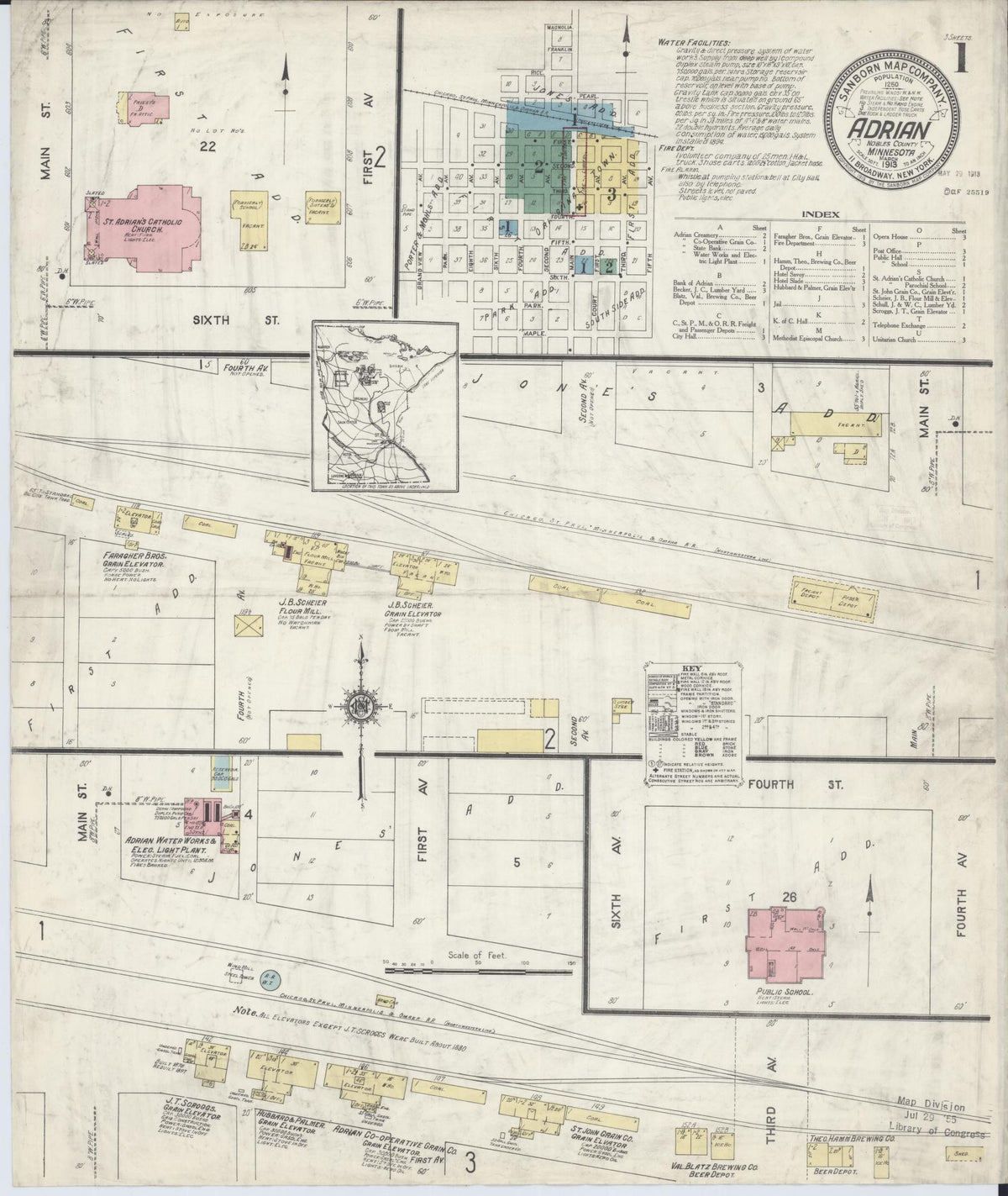 Sanborn Fire Insurance Map from Adrian, Nobles County, Minnesota (1913), Sheet #0001 - Historic Sanborn Fire Insurance Map Print, vintage old map wall art, antique decor, genealogy gift, Minnesota Minnesota map
