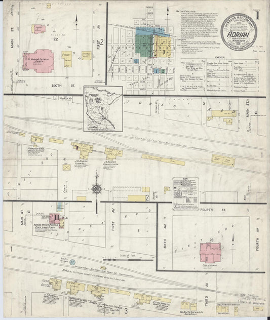 Sanborn Fire Insurance Map from Adrian, Nobles County, Minnesota (1913), Sheet #0001 - Historic Sanborn Fire Insurance Map Print, vintage old map wall art, antique decor, genealogy gift, Minnesota Minnesota map