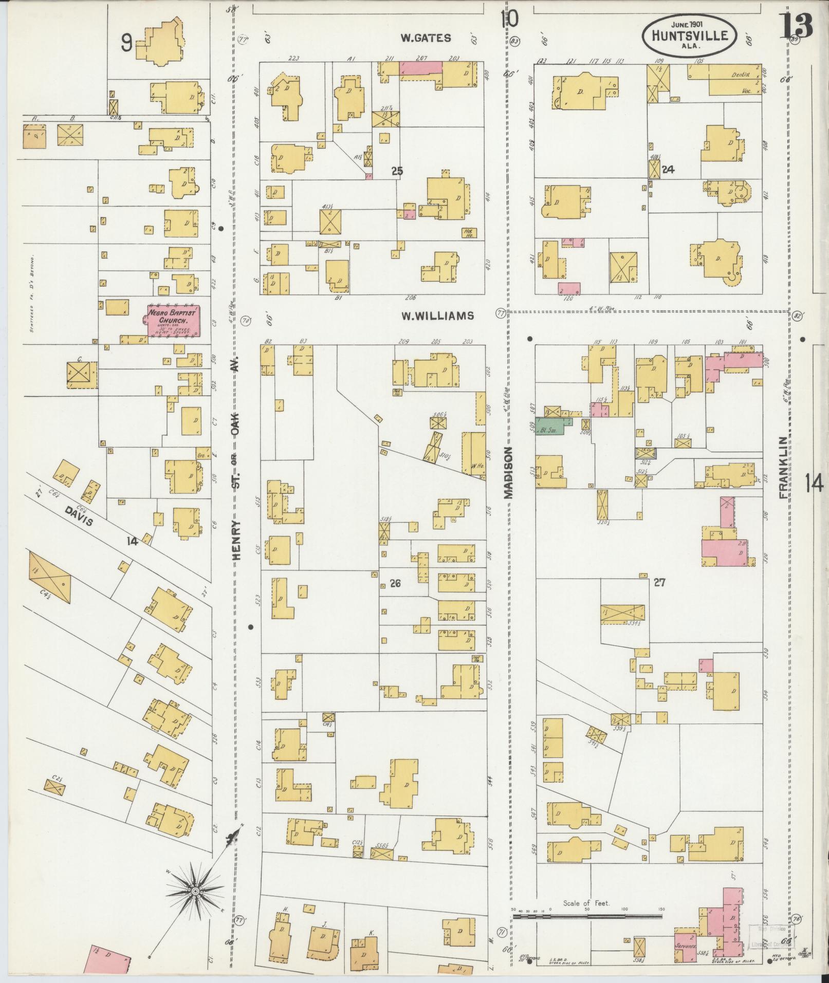 Sanborn Fire Insurance Map from Huntsville, Madison County, Alabama (1901), Sheet #0013 - Historic Sanborn Fire Insurance Map Print, vintage old map wall art, antique decor, genealogy gift, Alabama Alabama map