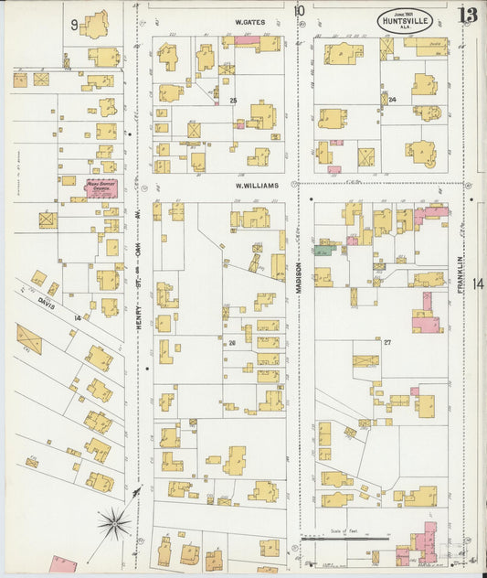 Sanborn Fire Insurance Map from Huntsville, Madison County, Alabama (1901), Sheet #0013 - Historic Sanborn Fire Insurance Map Print, vintage old map wall art, antique decor, genealogy gift, Alabama Alabama map