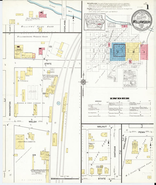 Sanborn Fire Insurance Map from Williamsburg, Iowa County, Iowa (1916), Sheet #0001 - Historic Sanborn Fire Insurance Map Print, vintage old map wall art